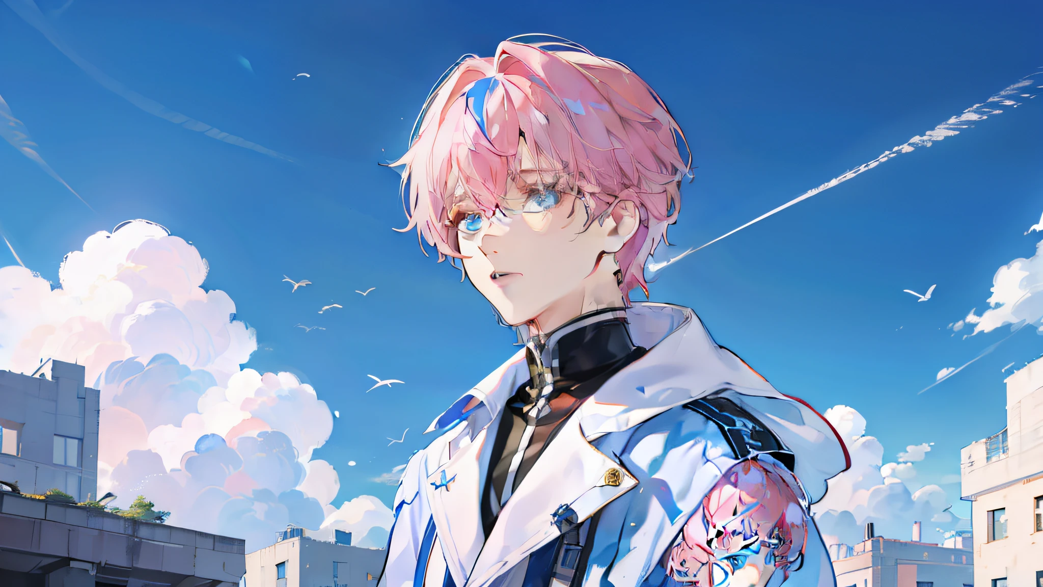 tmasterpiece,A pink-haired,Separate bangs,Blue and white stormsuit。Young boy in the ruins of the city,Blue sky as background,Create a sense of sacredness。