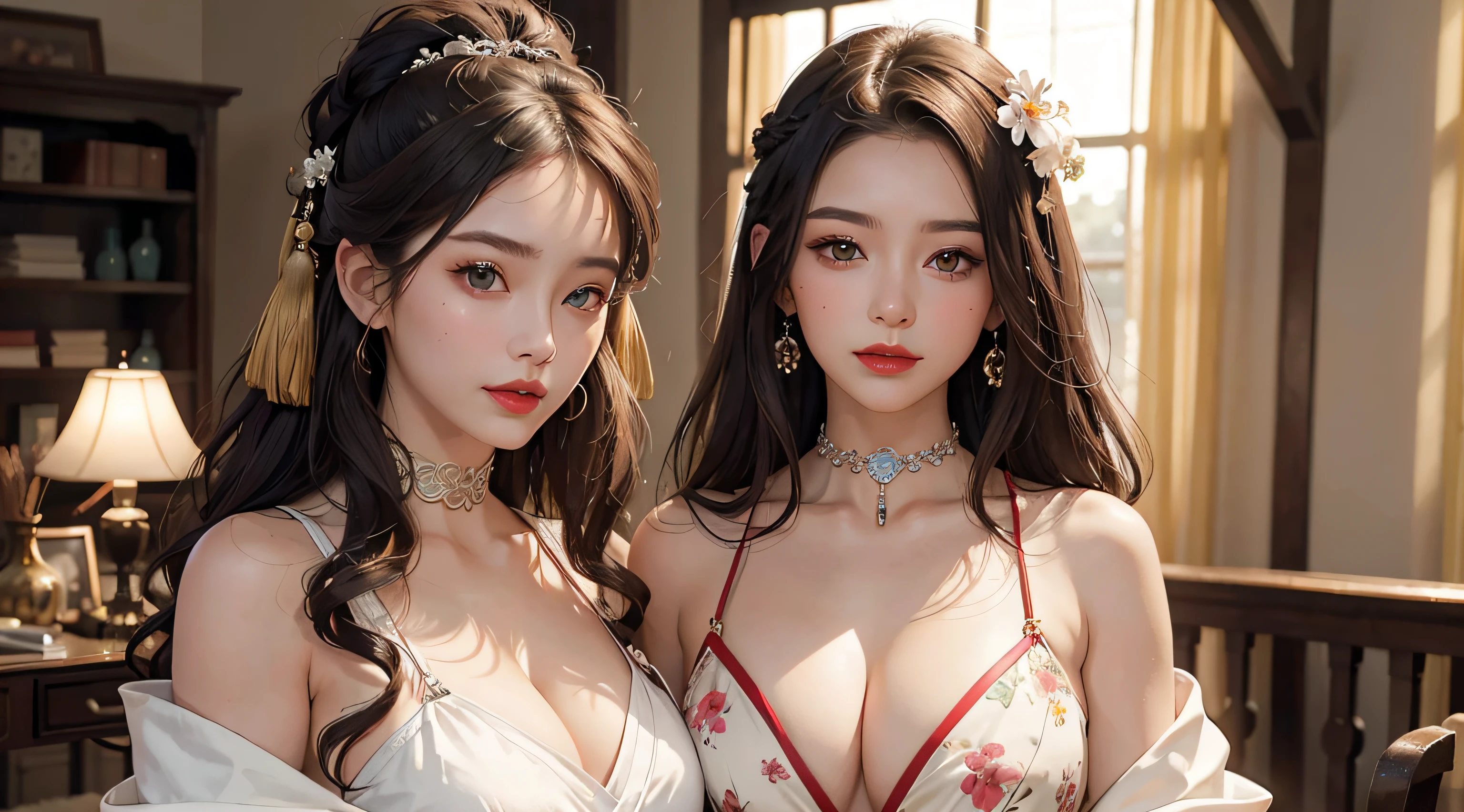1female，huge tit，brunette color hair，ssmile，（Hanfu），Hanfu，（Open your clothes），Redlip，耳Nipple Ring，florals，hair adornments，jewelry，long whitr hair，Look at the audience，choker necklace，Portrait，ssmile，独奏，A half body，（Shiny skin）， （tmasterpiece：1.4），（best qualtiy：1.4）