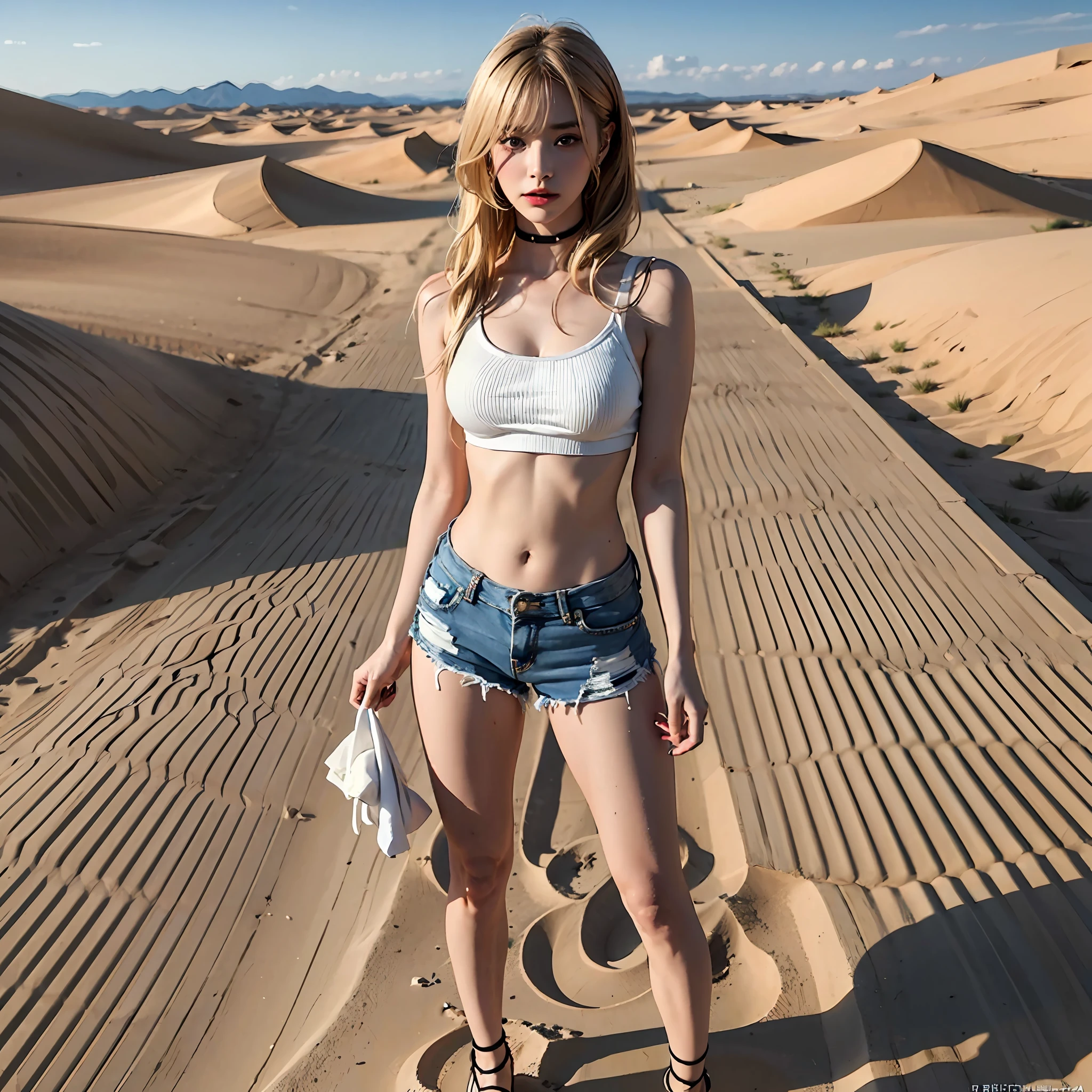 (8K、RAW Photos、top-quality、​masterpiece:1.2)、(realisitic、Photorealsitic:1.37)、ultra-detailliert、超A high resolution、Japan woman standing alone in the vast desert、女の子1人、beautifull detailed face、white tank tops、a navel、ripped denim shorts、sandal、full body Esbian、Long body、blonde  hair、blue eyess、length hair、skin tanned、sweats streamed skin、A desert、sand dunes、wavy desert、Standing in the desert、suns、scorching、Dazzling、Hot、rays of sunshine、Natural lighting