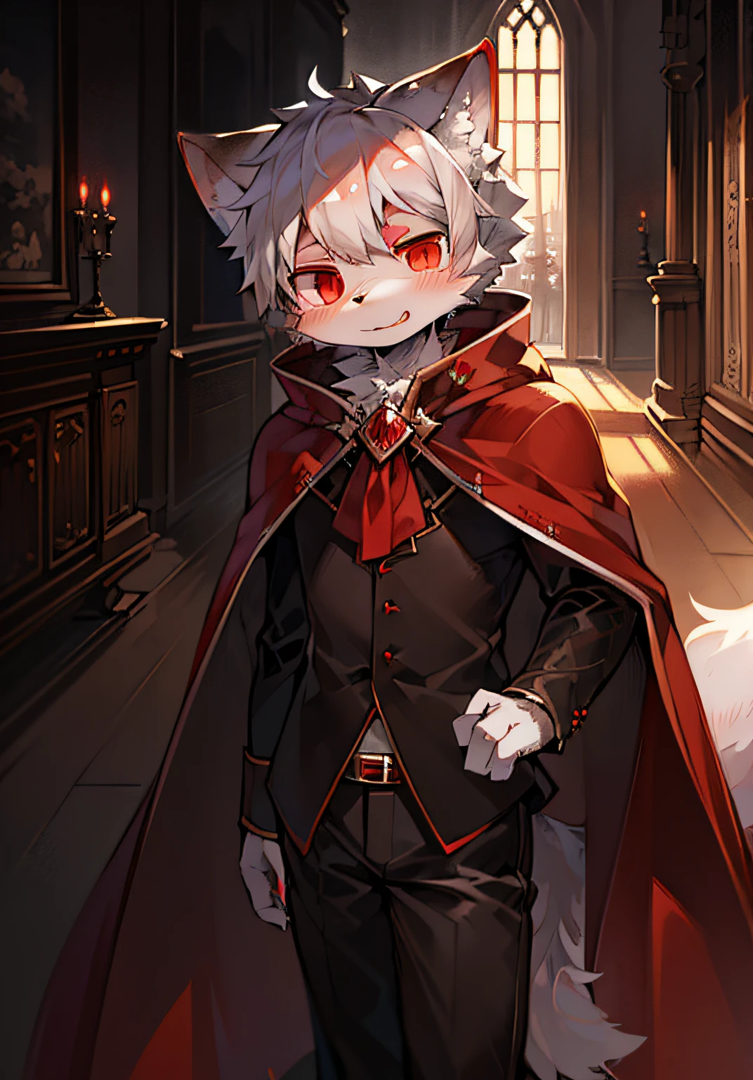(dark environment:0.8),masterpiece, high quality, absurd res, digital painting \(artwork\), by dagasi, yupa,kiyosan,(anthro,fluffy fur,character focus:1.1),anthro male cat,short hair,portrait, bright eyes,panorama,character focus.(detailed background:0.7),solo,furry,furry male ,male focus,anthr,(Full body fur, fluffy tail, white fur,red eyes,gray hair:1.2),(long canines,vampire, cape:1.2),(interior,night, castle, coffin:1.1)