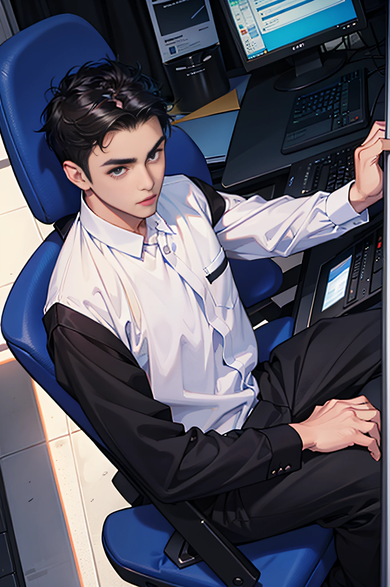 Male student Young man with short black hair in school uniform typing in an internet café