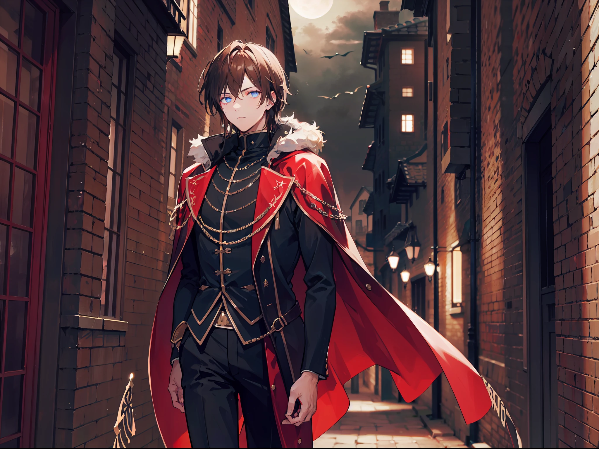 "4k night medieval city, dark atmosphere, there's a man, with brown hair, glow blue eyes, wears black Adventurer coat"