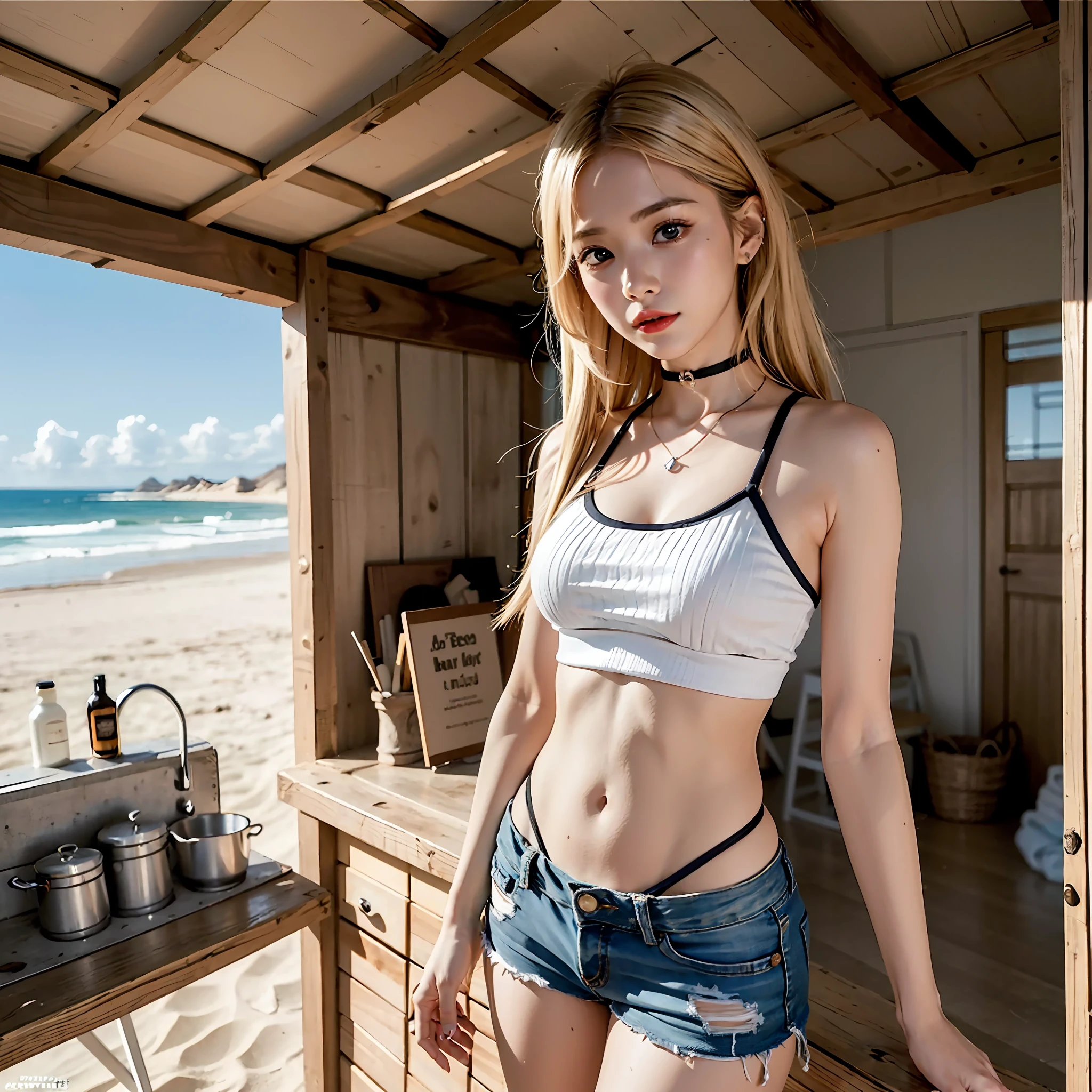 (8K、RAW Photos、top-quality、masterpiece:1.2)、(realisitic、Photorealsitic:1.37)、ultra-detailliert、超A high resolution、Japan woman standing alone in the vast desert、1人、beautifull detailed face、white tank tops、a navel、ripped denim shorts、sandal、full body Esbian、Long body、blonde hair、blue eyess、length hair、skin tanned、sweats streamed skin、A desert、sand dunes、wavy desert、Standing in the desert、suns、scorching、Dazzling、Hot、rays of sunshine、Natural lighting