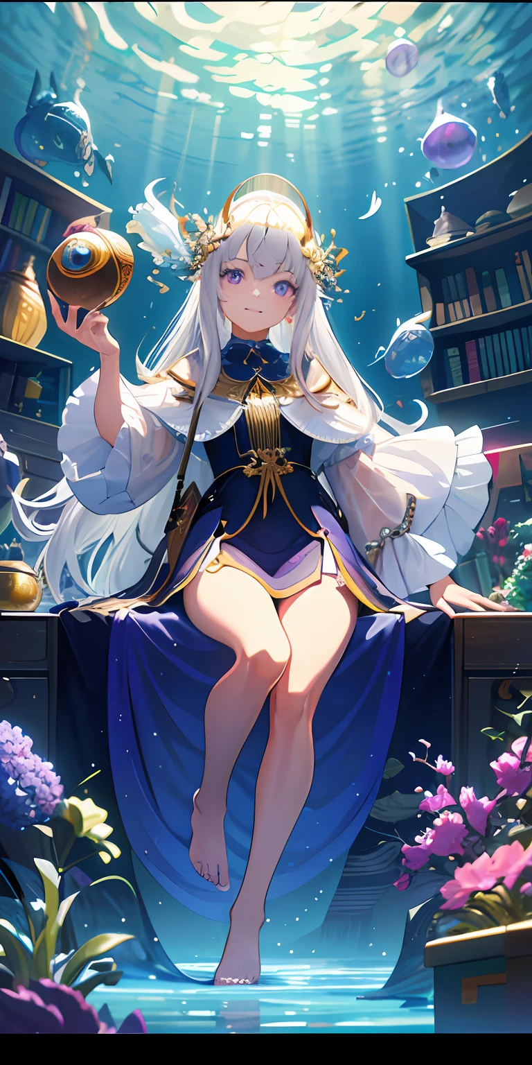 [(Transparent background:1.5)::5],(((Masterpiece))),(((Best quality))),(((Extremely detailed))),illustration, 1girll,Solo,mysterious,vivd colour,Shiny, Underwater transparent sealed hemispherical glass dome, (White hair),(Purple eyes), full bodyesbian,Barefoot,Long hair tranquility nature, Koi,Underwater, Dome,Close up,Dynamic actions,Lens perspective,(((Box composition))),sitting cross-legged，Leaning against the bookshelf, voluminetric lighting, multi colored eyes, Detailed eyes, ultra - detailed,Light smile, Highly detailed, Beautiful, small detailed, Ultra detailed, Best quality, Intricate, 4K, 8K, trending on artstationh, Good anatomy, Beautiful lighting, Award-winning,