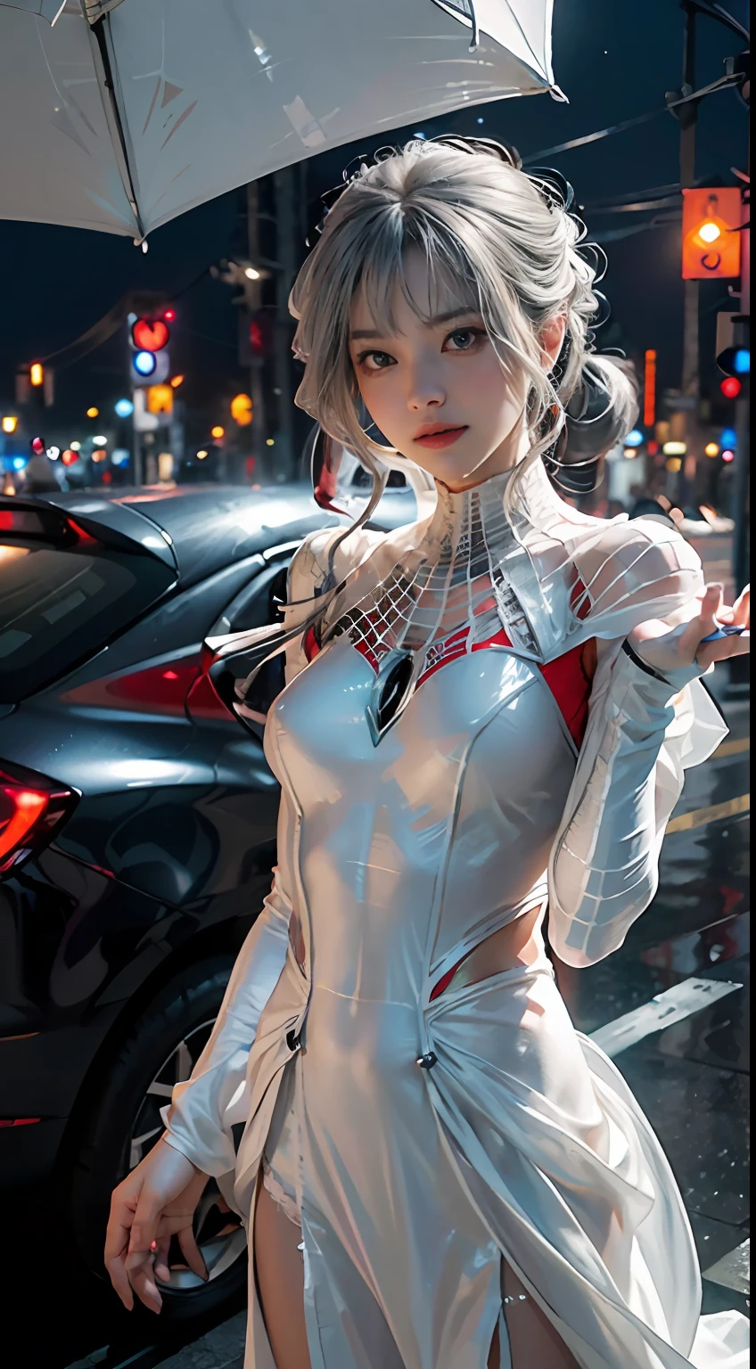 (Extreme Detail CG Unity 8K wallpaper、masterpiece、top-quality)、(exquisite lighting and shadow、highly dramatic picture、cinematic lens effects)、Cute girl in white Spider-Man costume、Silver-gray hair color、Spider-Man Parallel Universes、Wenger、Marvel、spider-man、Dynamic and dynamic poses)、(excellent details、Outstanding lighting、wide angles)、(Excellent rendering、Enough to stand out in its class)、 White Spider-Man Costume、Focus on complex spider textures。Tokyo Tower at night in the background。The fabric of the costume is very thin and adheres to the skin、It's raining。