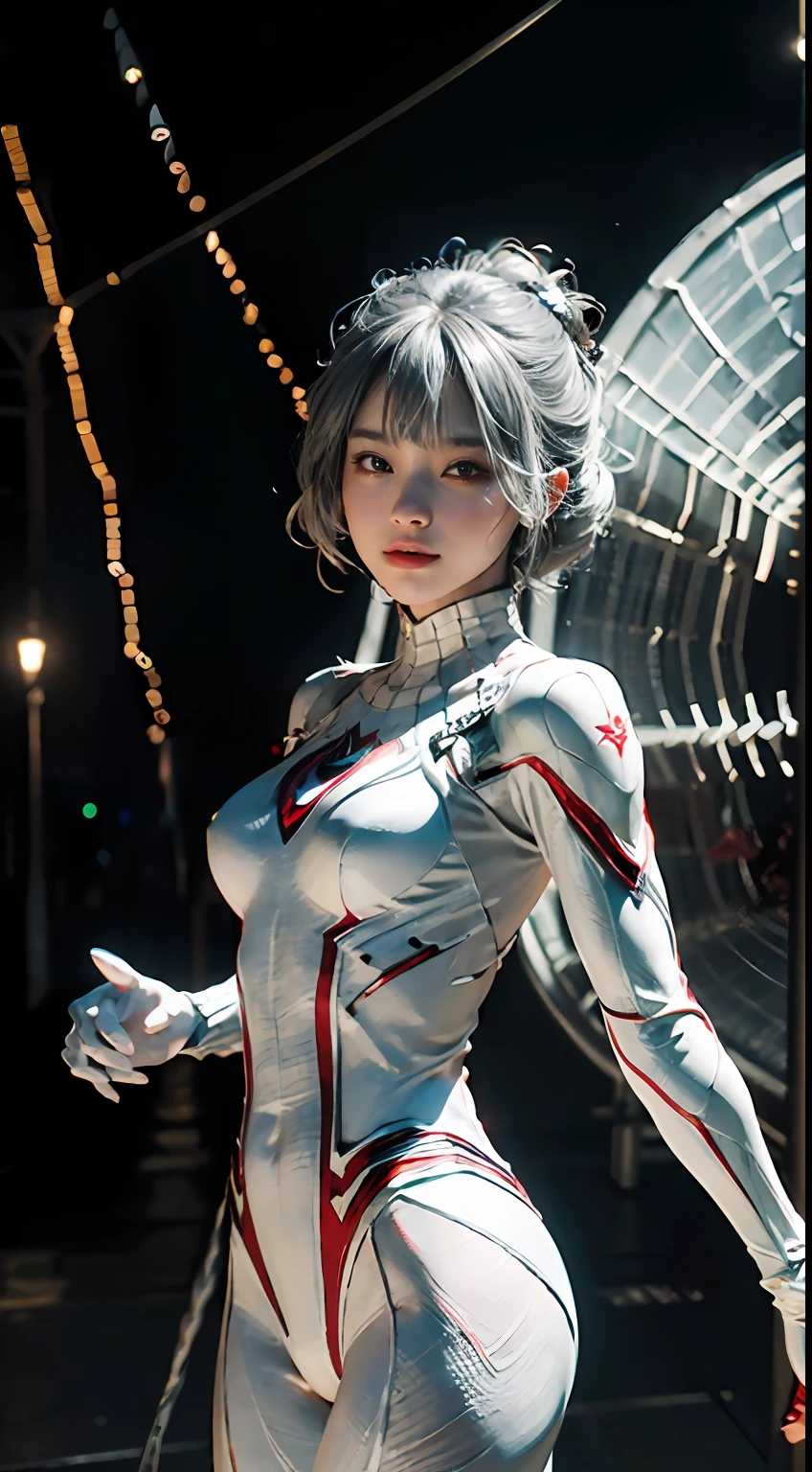 (Extreme Detail CG Unity 8K wallpaper、masterpiece、top-quality)、(exquisite lighting and shadow、highly dramatic picture、cinematic lens effects)、Cute girl in white Spider-Man costume、Silver-gray hair color、Spider-Man Parallel Universes、Wenger、Marvel、spider-man、Dynamic and dynamic poses)、(excellent details、Outstanding lighting、wide angles)、(Excellent rendering、Enough to stand out in its class)、 White Spider-Man Costume、Focus on complex spider textures。Tokyo Tower at night in the background。The fabric of the costume is very thin and adheres to the skin、It's raining。