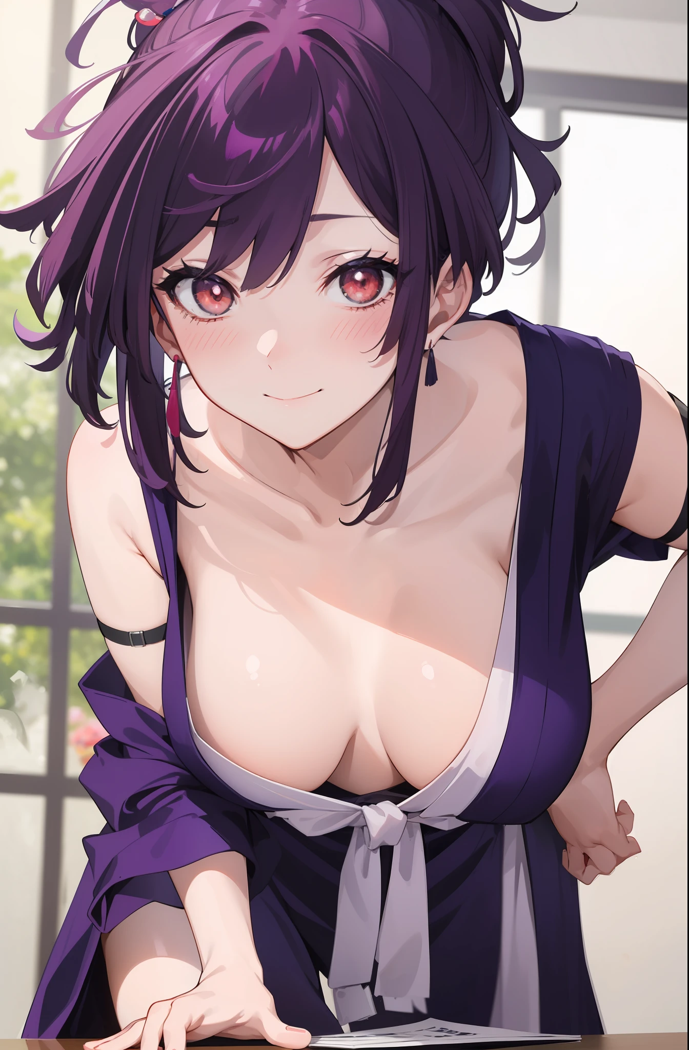 (1girl, solo), best quality, masterpiece, (leaning over:1.4), 1girl, yuzuriha_(jigokuraku), purple hair, brown eyes, cleavage, small breasts, topknot, medium hair, breasts apart, seductive smile, (blush:1.1), japanese exterior, classroom, beautiful pose