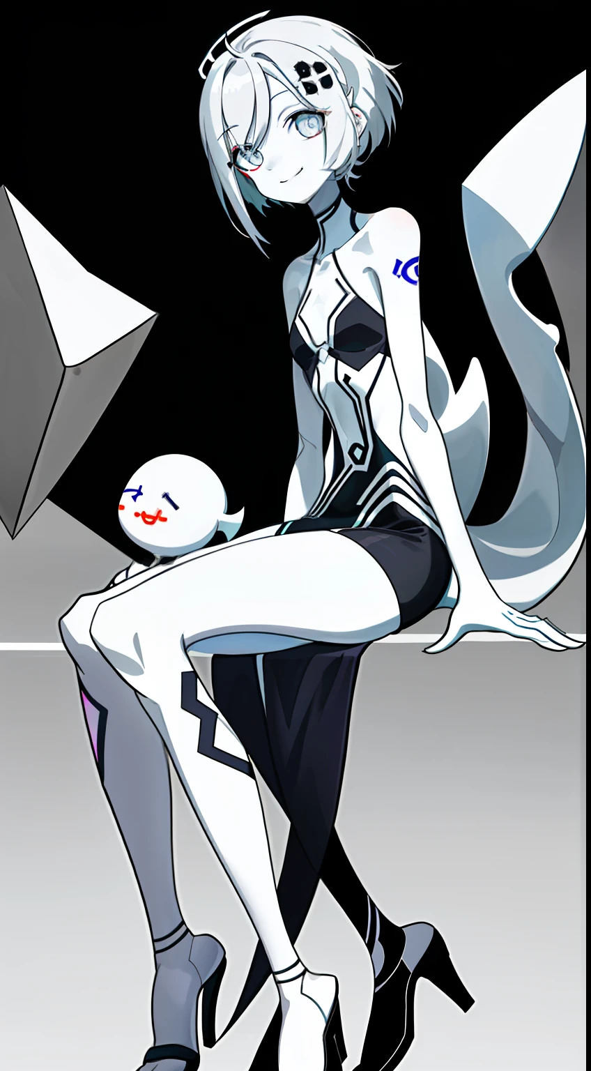 {geometric figure}}，{{full body}}， Smile on your face，Has thick dark circles，Unhealthy white skin，Short gray hair{{Small hairpins}}，{{{The figure is very skinny and bone-packed}}，{{Tattoos with seduction}}}{{{Fishtail pattern decorative line}}}
