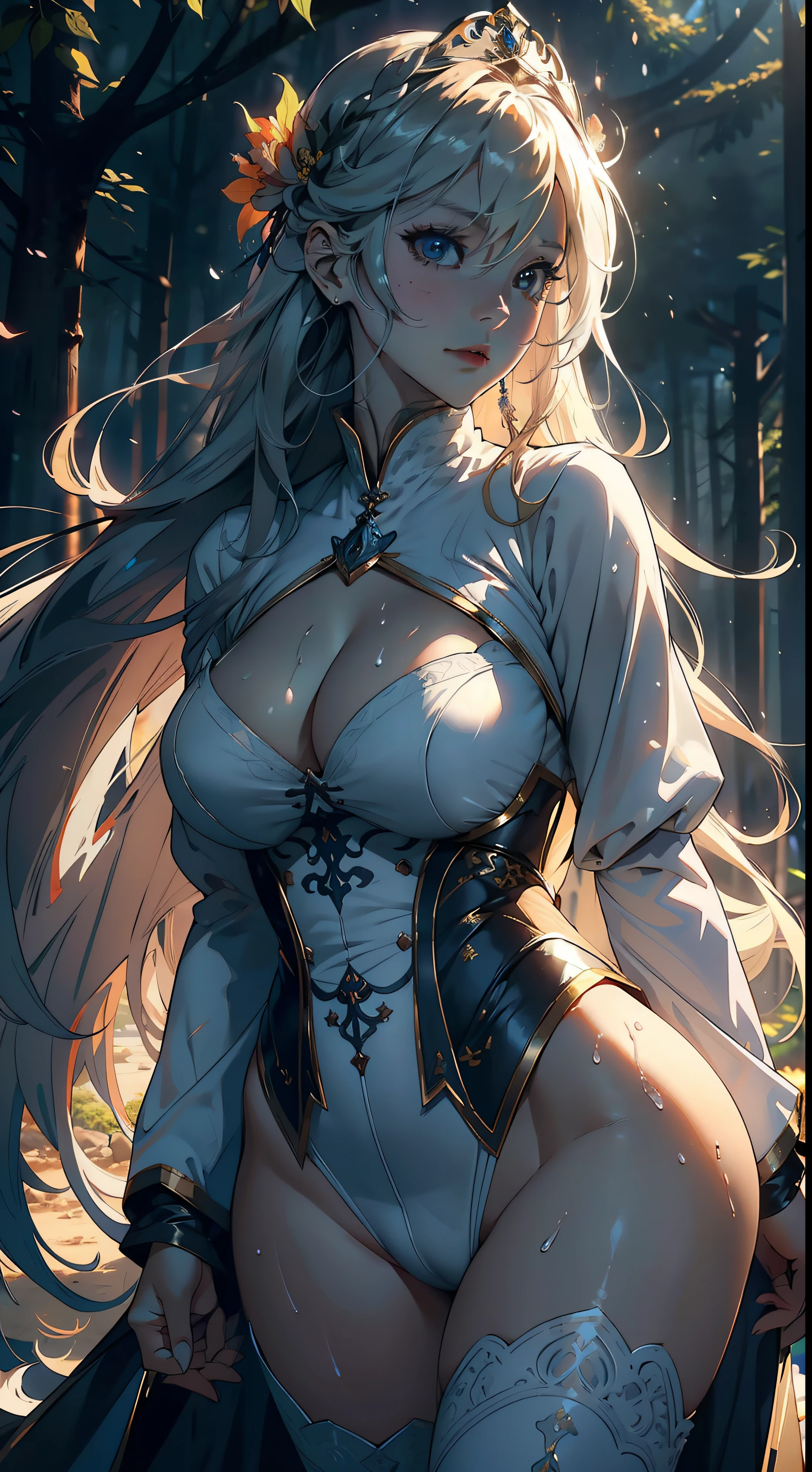 1female,36 years old,Huge breasts, 独奏, jeanne d'arc, Head flower,White court dress,coniferous forest, She has long flowing hair, Bare genitalia, standing on your feet,Bigchest,Wet straight hair,Sweat profusely,drenched all over the body, From the front side, hair straight, mostly cloudy sky,(((tmasterpiece),(Very detailed CG unity 8K wallpaper),best qualtiy,cinmatic lighting,detailed back ground,beatiful detailed eyes,Bright pupils,(Very fine and beautiful),(Beautiful and detailed eye description),ultra - detailed,tmasterpiece,)),facing at camera,A high resolution,ultra - detailed),Beautiful legs and buttocks,Very long hair,legs are open,Emotive expressions,Open-mouthed,Chest sagging,nakeness, Bulge,Expose the genitals,revealing breasts,Camel toes,with no underpants,extremely large bosom,Extremely colorful,Most detailed,fully body photo,The face is well lit