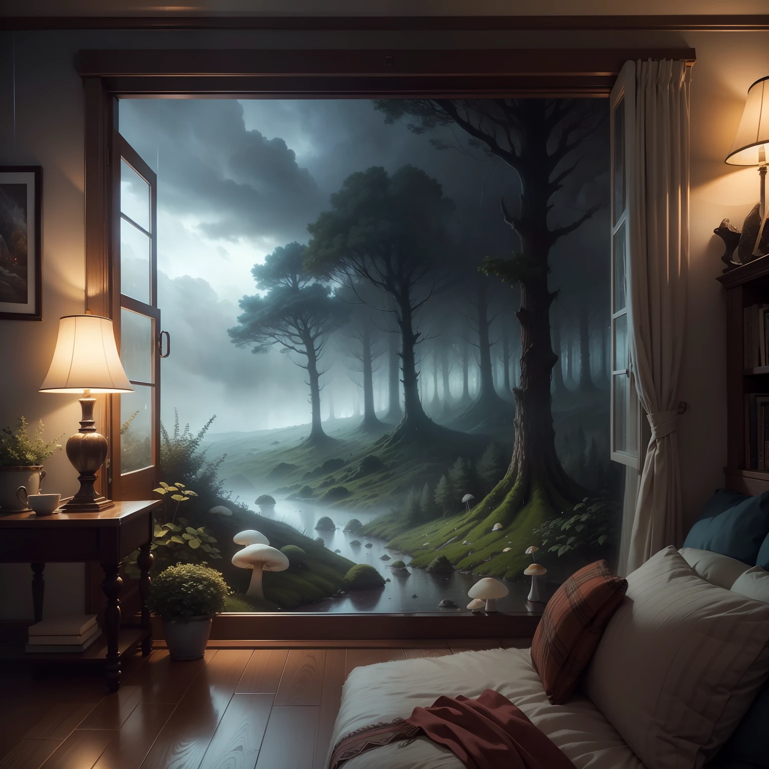 A dreamlike illustration featuring a cozy interior scene, drawn by Adrian Smith, with rain and storm clouds visible outside a window. The scene includes magical forests filled with colorful mushrooms and creatures, and audio waves can be heard in the background. The image is rendered in a warm, colorful style with a focus on contrast and texture