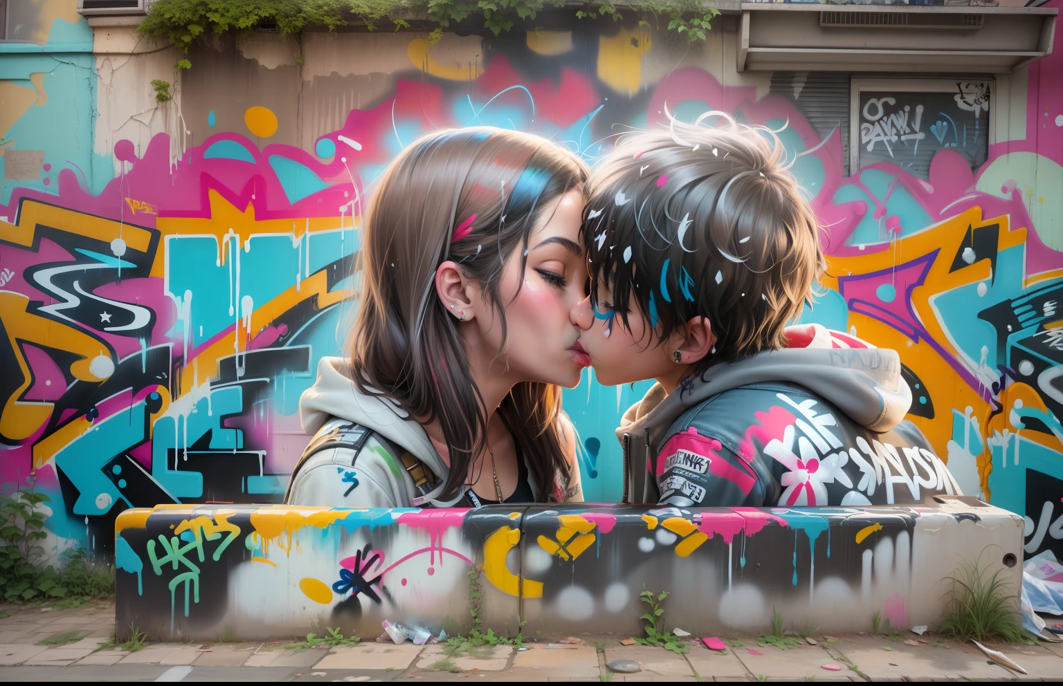 Graffiti Art of two  kissing on a bench, Art urbain, Love of art, splashed with graffiti art, Street Art, Graffiti urbain Banksy, Urban art style, Sandra Chevrier et John Hoyland, inspired by Sandra Chevrier, graffiti street art, inspired by Banksy, Art graffiti, Street Art, Style Street Art, Art grafitti, Peinture graffiti