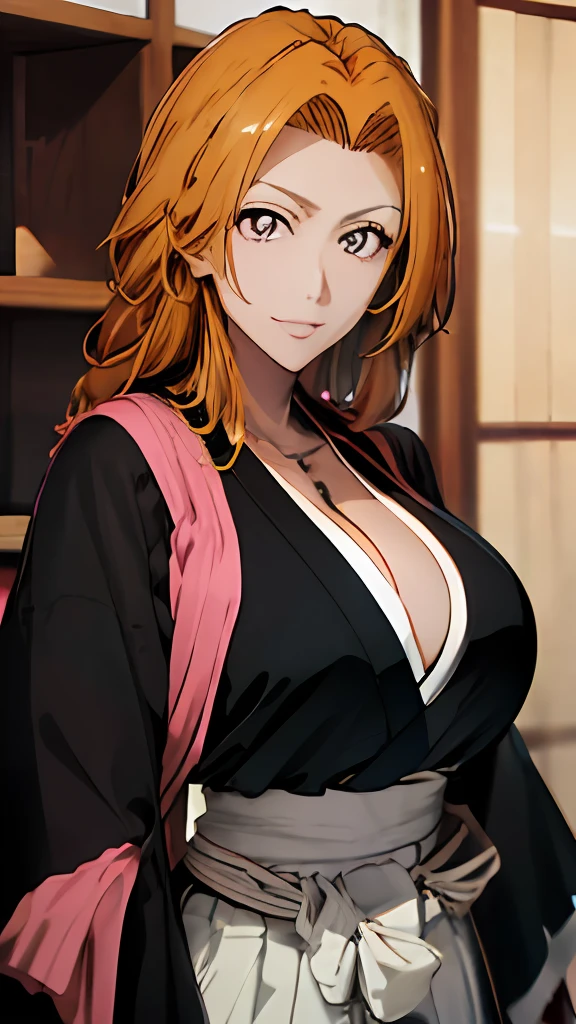 Longiku，tmasterpiece，top-quality，best qualityer，The is very detailed，（Delicate facial features，Gray eye，orange color hair|cabellos largos dorados，Black Japanese clothing，black kimono，silver chains，Pink shawl，Wide black sleeves，white sash，）（（（gigantic cleavage breasts）））， Shuichi Matsumoto，looking at viewert，ssmile，