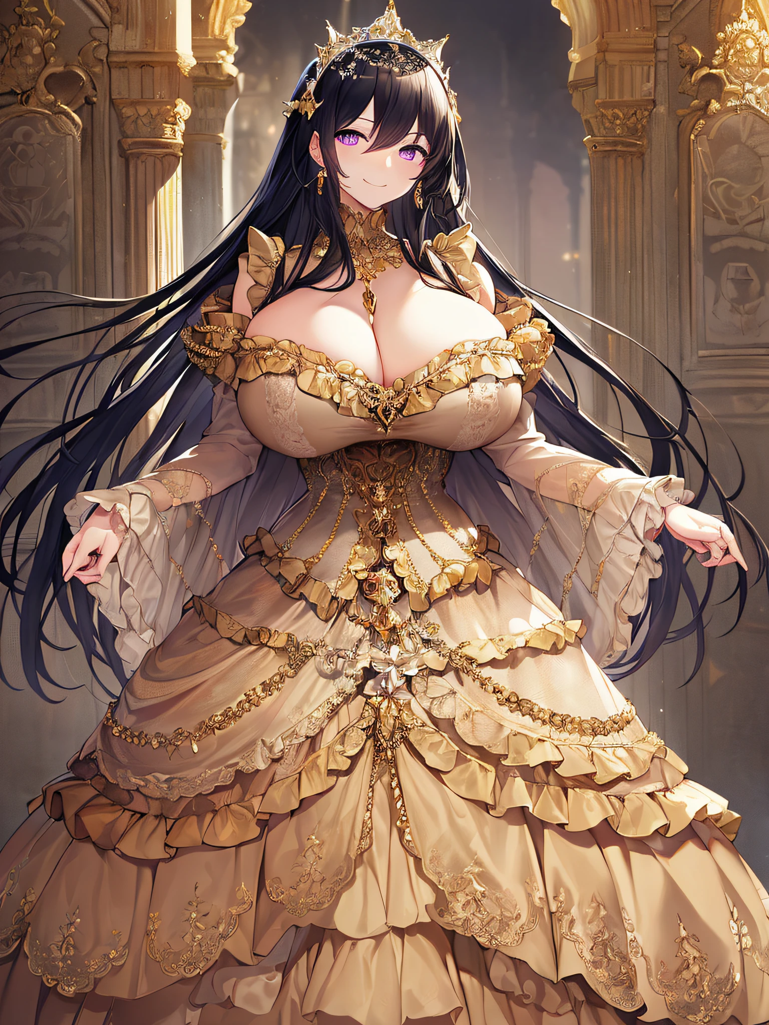 ((anime artstyle)),(Masterpiece),(Best Quality), (Super Detail),((Very Delicate and Beautiful)),((Solo)),((full body)),(((1 arrogant princess in gorgeousfull random color rococo dress))),(Purple eyes),Sharp eyes,detailed face and eyes,jewel-like eyes,(arrogant),((((haughty smile)))),dominant pose,((voluminous Very Long Hair,Straight Hair)),black hair,((Bangs between eyes)),((gigantic tits,Long tits)),curvy,skindentation,(gorgeousfull embroidery and lace),gorgeous corsage,See-through,gorgeousfull hair ornament,gorgeousfull glitter jeweled tiara,ornate ruffles,((full body)),((hoop skirt,crinoline)),Dynamic Angle,Looking at viewer,(((gorgeousfull random color rococo dress)),full body