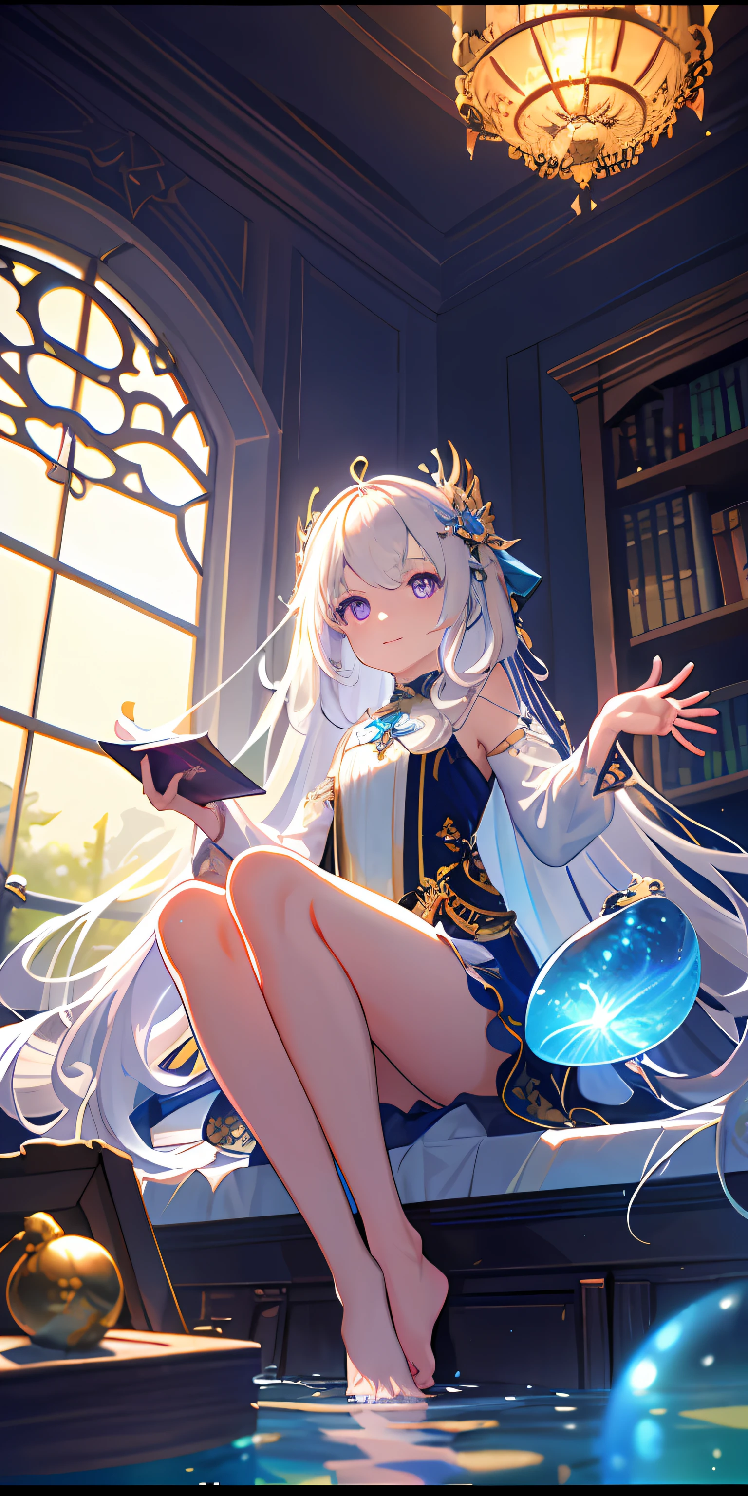 [(Transparent background:1.5)::5],(((Masterpiece))),(((Best quality))),(((Extremely detailed))),illustration, 1girll,Solo,mysterious,vivd colour,Shiny, Underwater transparent sealed hemispherical glass dome, (White hair),(Purple eyes), full bodyesbian,Barefoot,Long hair tranquility nature, Koi,Underwater, Dome,Close up,Dynamic actions,Lens perspective,(((Box composition))),sitting cross-legged，Leaning against the bookshelf, voluminetric lighting, multi colored eyes, Detailed eyes, ultra - detailed,Light smile, Highly detailed, Beautiful, small detailed, Ultra detailed, Best quality, Intricate, 4K, 8K, trending on artstationh, Good anatomy, Beautiful lighting, Award-winning,