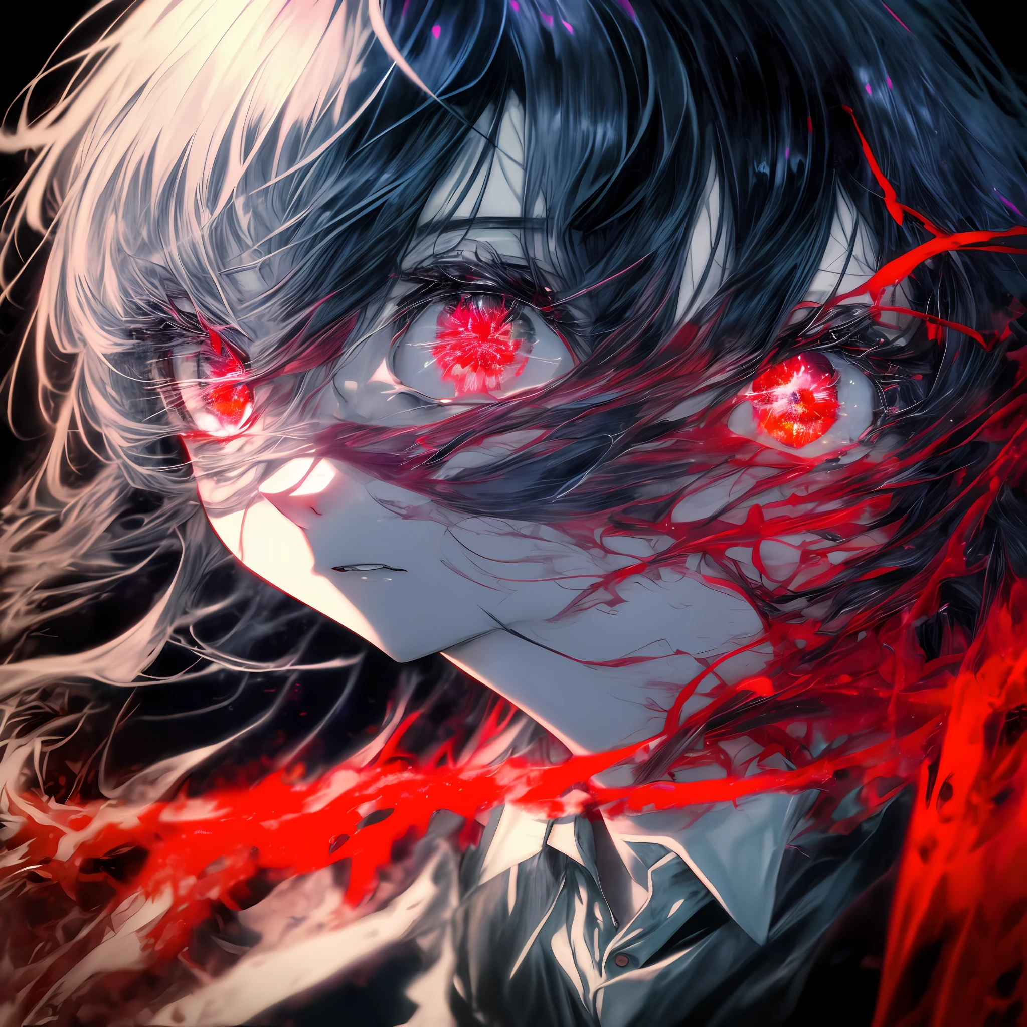 a closeup of a, big eyes, eyes, compound eyes, Unique students, Unusual pupils,Kaneki, Monochrome, Radioactive light, anime2018::1,  Red::1, Neon color::1,, Part 1.5, detaled face, ultra quality, Ultra Graphics,  Flowering 1.0, l vampire, depression, ultra realistis, Anime IRL,Anime boy, Dark Style, HDR, RTX, The body crumbles , Detailed Face,soft-lighting, makoto sinkai,Digital Painting,looking up at the camera",  8K, extra limbs,big dreamy eyes,blurry, Smooth soft skin, Cloned face, Symmetrical,neon liquid, leaks from the eyes,anime art,photo, Face cracking  , ...key: Red, blood from the eyes, Realistic, Realistic light, Realistic anime, realistic shadows, Liquid, dripping from a tree,depressive, Clouds, Sakura, spider lily , A detailed eye, eyes focus, Lashes, fluffy lower eyelashes:1.5, pale face, Very red eyes, gloomy atmosphere, Scary picture, woods, mist, Neon Red Liquid, flowing down from the trees, Dark atmosphere, The body crumbles, braids, Sateen, blood on the ground, fire, eye closeup,The Better Generation, Ultra Generation, Generation 3000, 2048×2048..., Face detailing, Detailing clothes, Symmetrical balance, Tokyo Ghoul, l vampire, Kaneki, Anime 2020, Water and sky, black hair,Detailed hair, Tokyo Ghoul, Kaneki, l vampire, Depressive art, depression, ennui, Sadness, cry, pain, Black smoke, Black Energy, Tentacles, Kagune, bloods, blood on the face, A sea of blood, fetters, barbed wire, fire, Wide-angle camera, lots of fine detail, spider lily, Sakura, Sweet, Scalopendra, Black background, Hole in the case, Dead Inside, Dead Art, lying on the grass, Manga style, comic style, Multiple frames, The body is destroyed, Manga page, Eyes are everywhere, Lots of eyes in the background, Drawing of Ishida sui, art of Ishida sui, in the style of Ishida sui, Two people, in full growth, depressive posture, Spider flowers