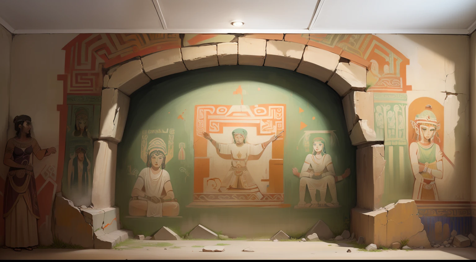 ((((((((Ancient murals))))))))、Egypt、India、((((((2D))))))、((((Flat mural painted on a flat wall))))、(((The mural seen from the front)))、((Mural painting in a small area))、((((Murals depicting ancients))))、(A mural painted using something like a brush)、((Murals that have deteriorated over time))、A slightly obscure mural、A mural painted in a slightly dark place、((Murals that are decolorizing))、(Mold on the murals)、(Mural in the stone chamber)、(There are cracks in the wall with the mural painted on it.)