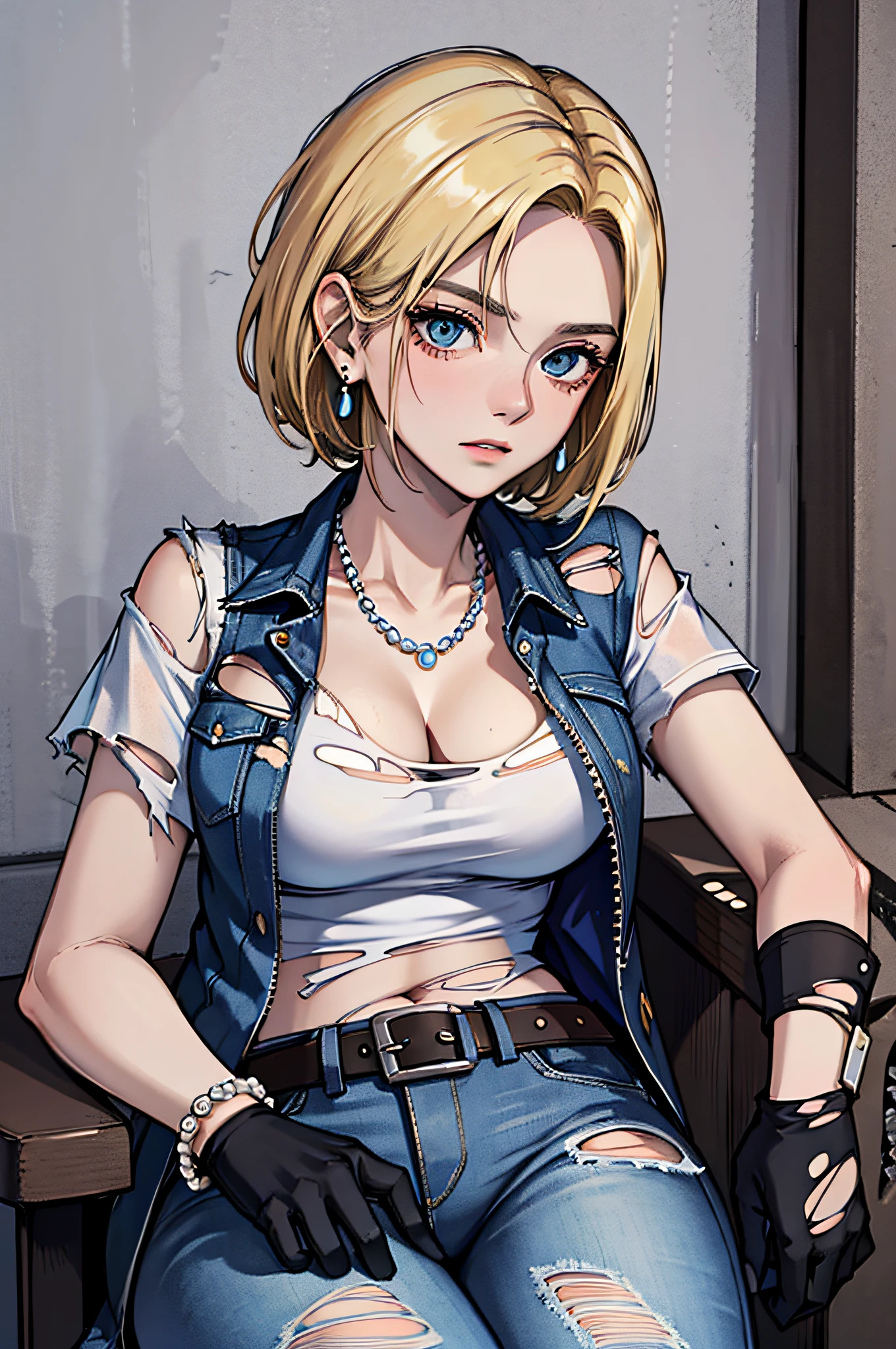 best quality, highres, and18, 1girl, android 18, solo, blonde hair, blue eyes, belt, jeans, pearl_necklace, bracelet, black gloves, white shirt, short hair, short sleeves, earrings, blue pants, open vest, black vest, large breasts, (ruins:1.3), (torn clothes:1.5), sitting, expressionless, crossed legs,