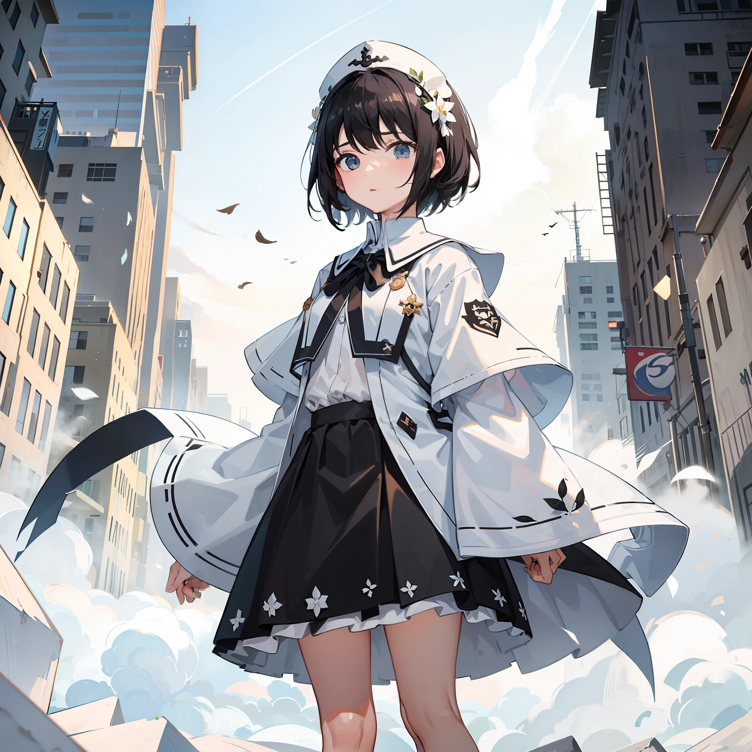 Short black hair，White flower-shaped headdress，Smaller chest， girl in JK uniform，Smash a tall building