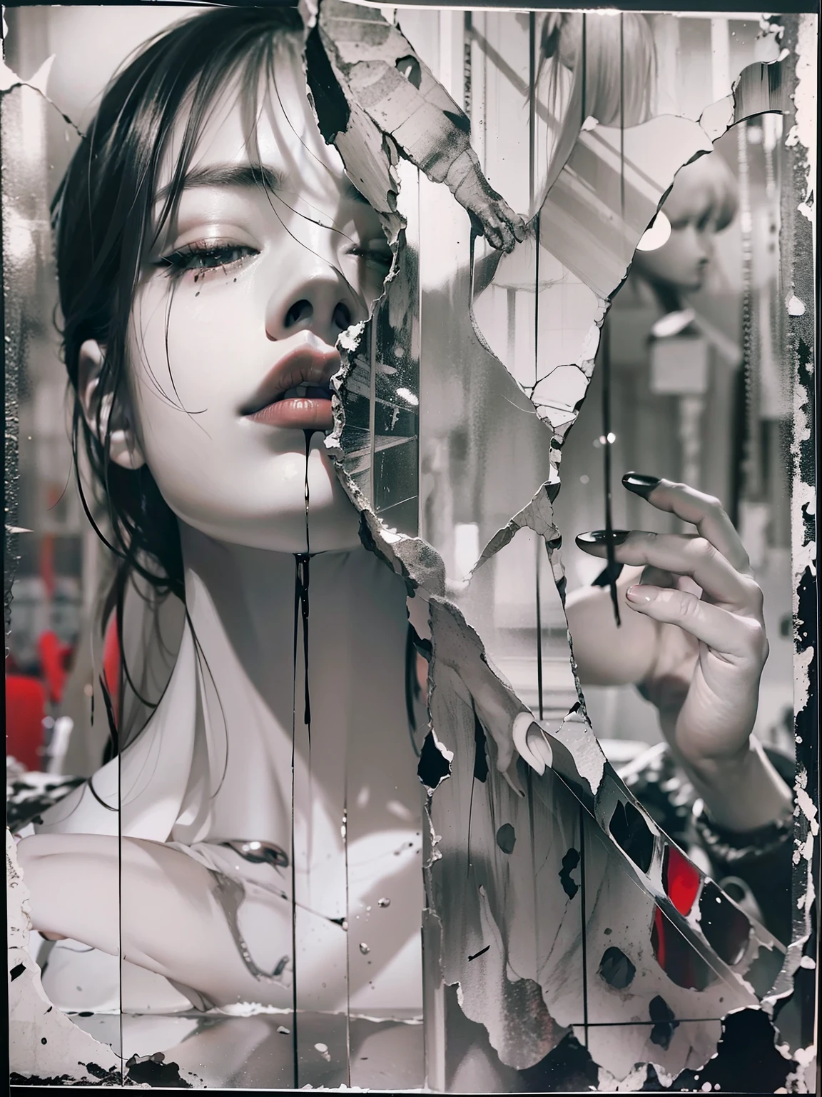 black andwhite,Absolutely beautiful woman,Bust,Broken mirror,Black and white splitting,Red tears,Black and white painting,Broken,sublevel,Black and white,Eroded by darkness and light,对称
