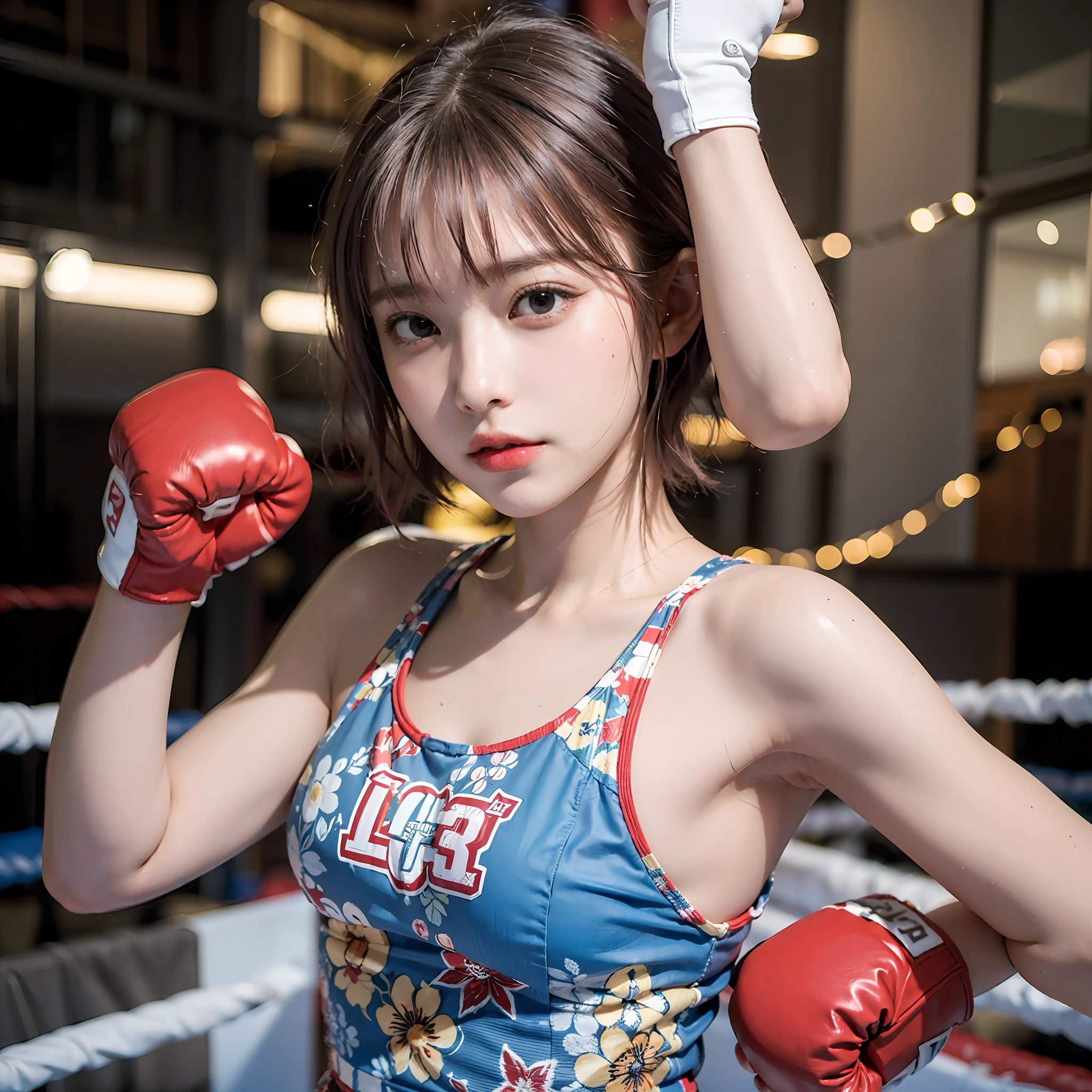 Best Quality, boxer, (Photorealsitic:2), 超A high resolution, Highly detailed, A hyper-realistic, 1girl in, ((Red Headgear)), (Boxing gloves), Floral pattern, colourfull_hair、(((very_Short_hair))), Short hair, Slim body, Full Shot, Looking at Viewer, ((Boxing rings)), Bright atmosphere, spot light, Detailed background
