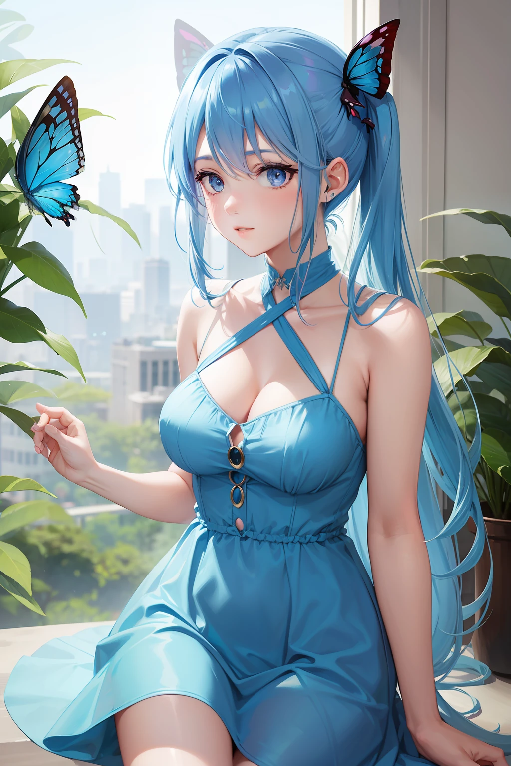 a women, blue erfly, blue hair, pink eyes, blue dress