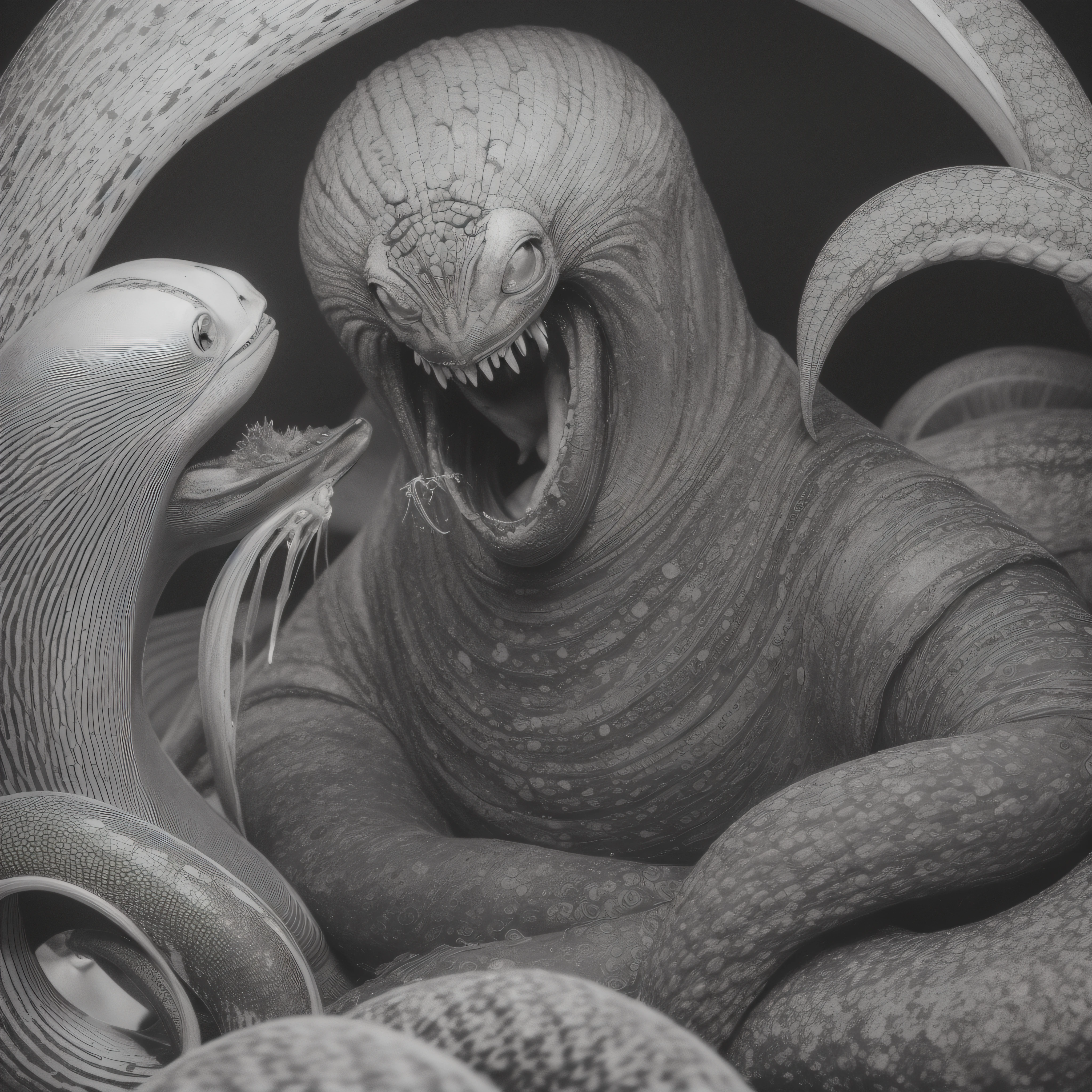 (extremadamente detallado, obra maestra, La mejor calidad), Estilo oscuro, intense illumination, rostro con arrugas, lengua larga, tentacle, deforme, monstruoso, interior de una piscina de agua verdosa, imagen submarina, alien con Colmillos finos, pico de pulpo amenazante. manchas de tinta. Rococo composition. Luz de caravaggio