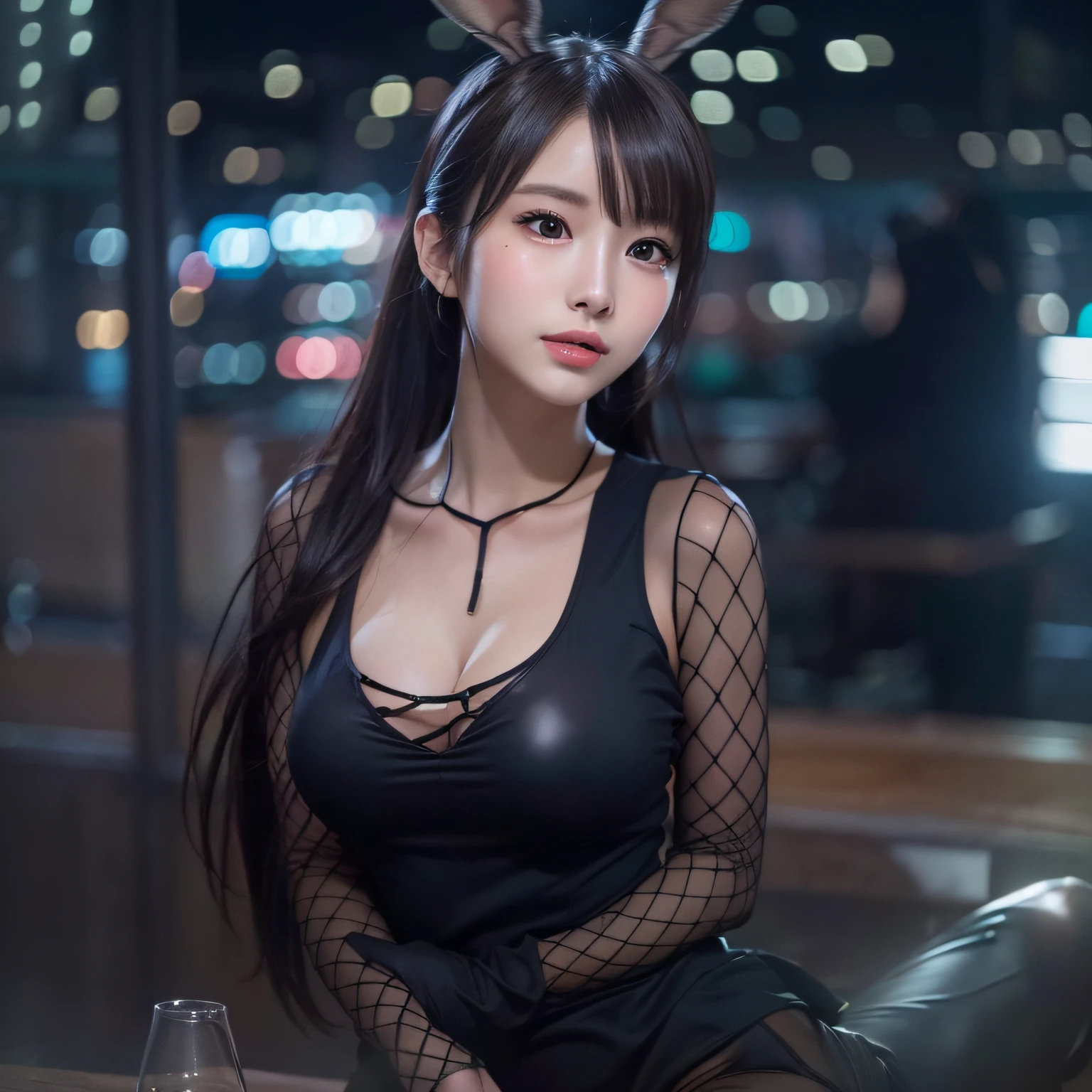 (Background, A place with a night view):1.3, (fullbody:1.3),  (High ponytail), (top-quality, Photorealsitic:1.4, masterpiece:1.3, RAW Photography:1.2, cinematric light, very detailed illustration), (1woman:1.3, solo), (Perfect style), (Very beautiful woman wearing bunny girl costume, Glossy black rubber suit, fishnets pantyhose), (Beautiful asian girl, ultra delicate face, ultra Beautiful fece, ultra delicate eyes, ultra detailed nouse, ultra detailed mouth, ultra detailed facial features), (Medium breast:1.3), from the front side, skiny, lipgloss