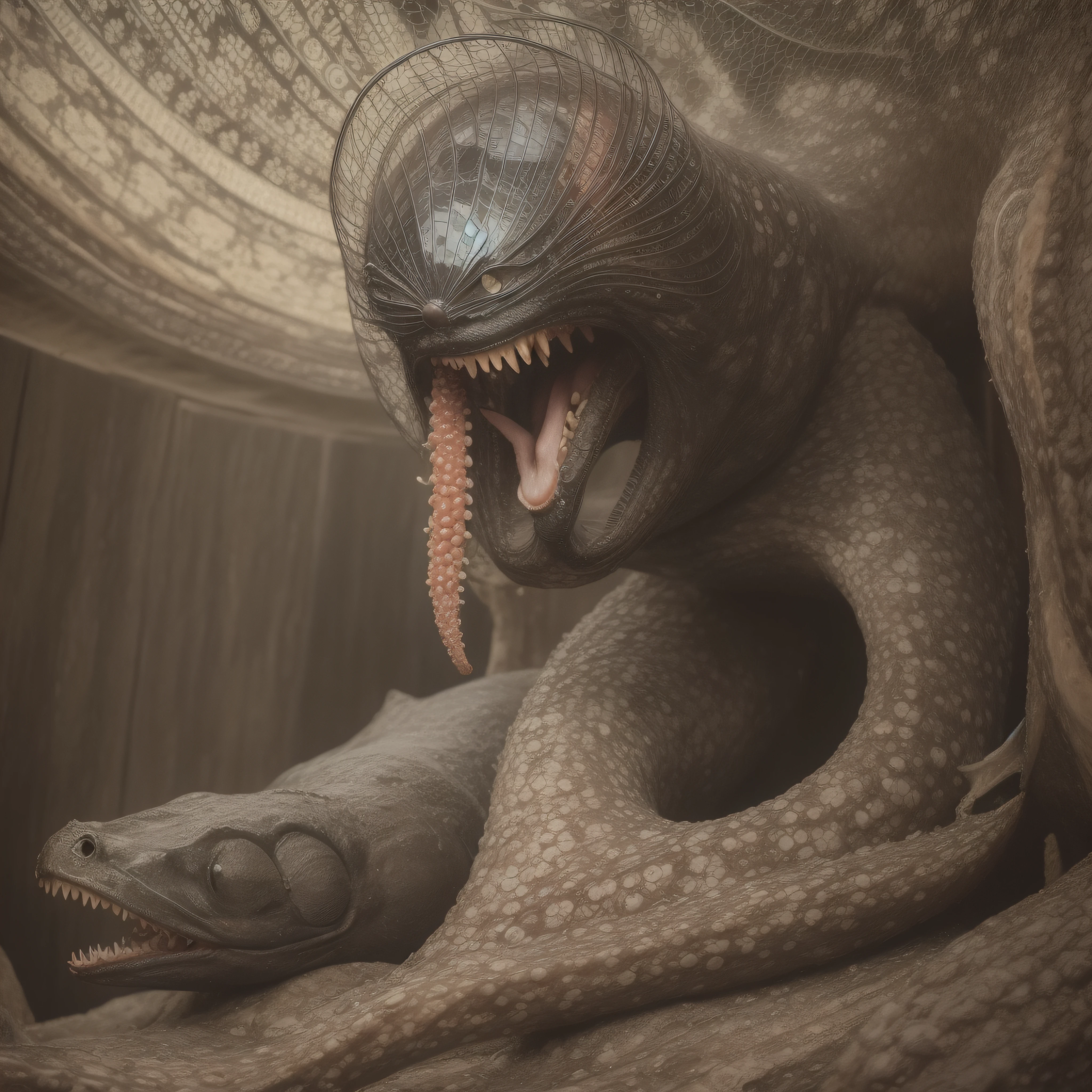 (extremadamente detallado, obra maestra, La mejor calidad), Estilo oscuro, intense illumination, rostro con arrugas, lengua larga, tentacle, deforme, monstruoso, interior de una piscina de agua verdosa, imagen submarina, alien con Colmillos finos, pico de pulpo amenazante. manchas de tinta. Rococo composition. Luz de caravaggio