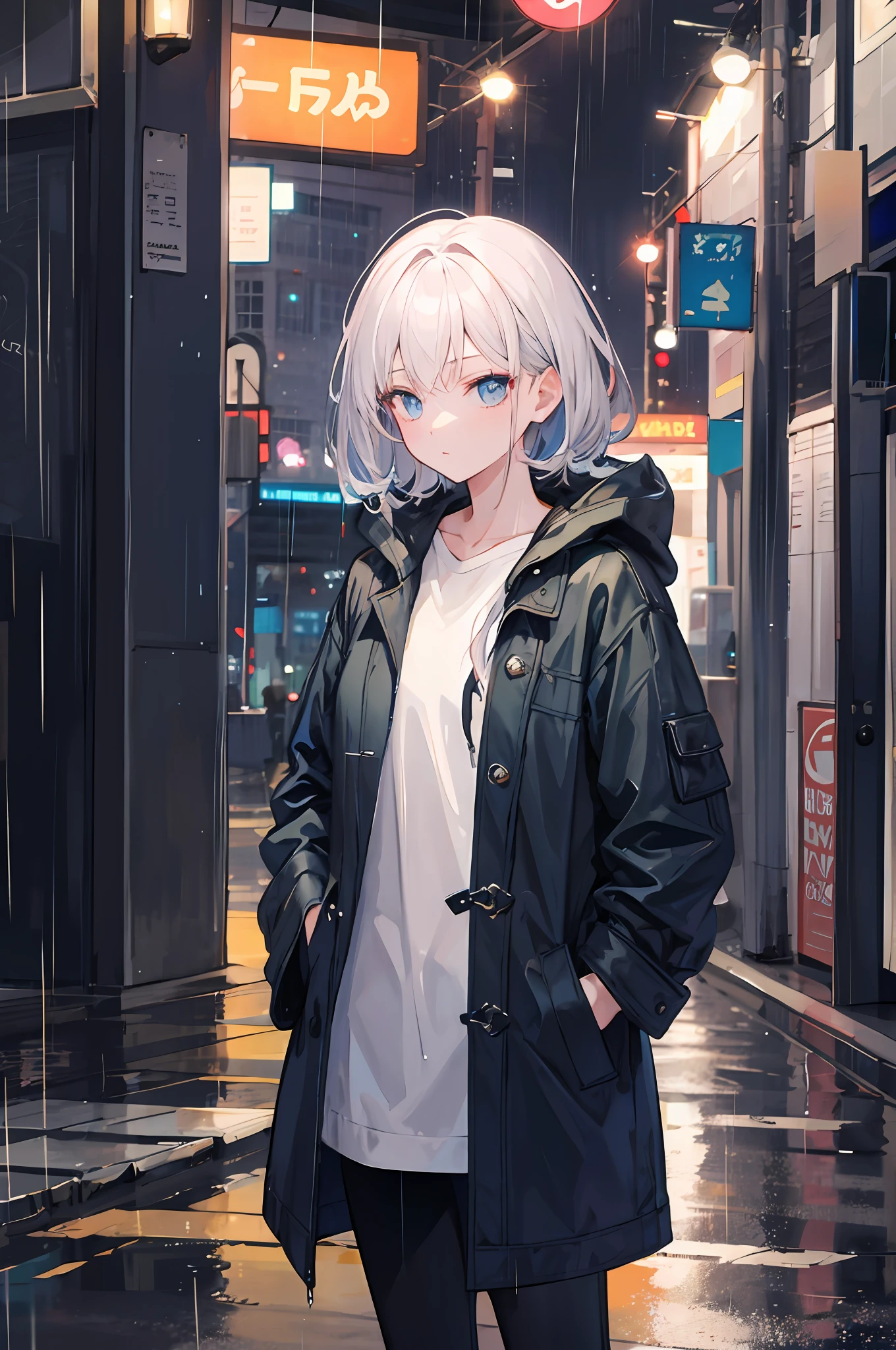 1girl, Night City, rain, coat, hands in pockets