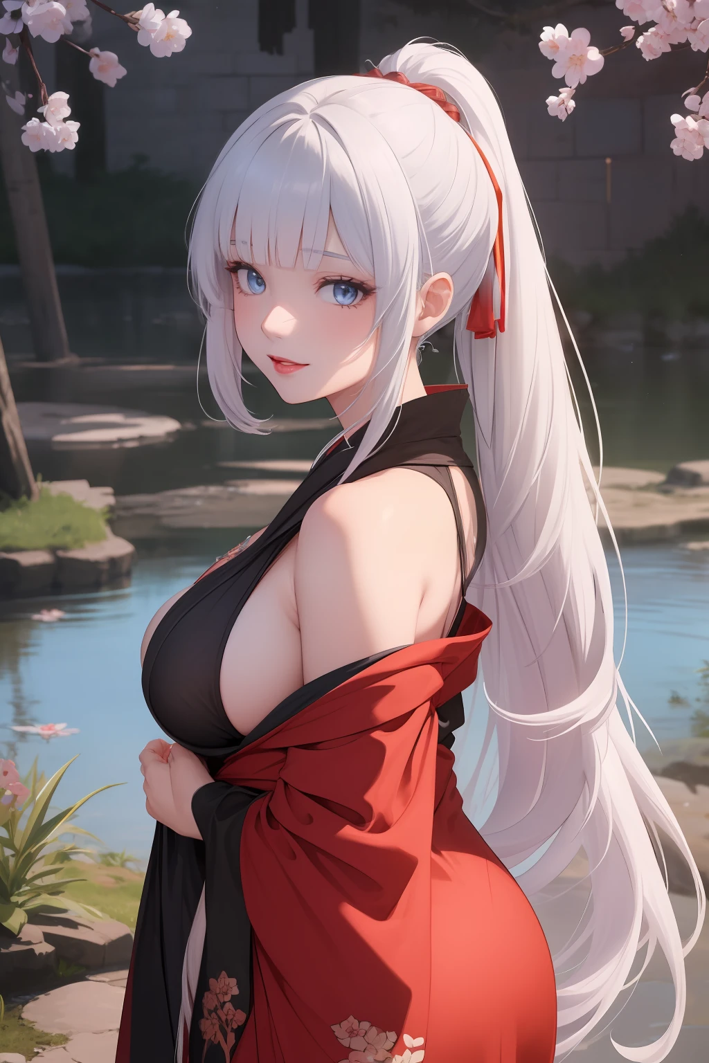 ancient customs, wind blow, blossom, pond, night, moon relection in the pond, reflection light, depth of field, from behind, multiple views, delicated best quality ,masterpiece, illustration, an extremely delicate and beautiful, extremely detailed ,CG ,unity ,8k wallpaper, Amazing, finely detail, masterpiece,best quality,official art,extremely detailed CG unity 8k wallpaper,absurdres, incredibly absurdres, huge filesize , ultra-detailed, highres, extremely detailed,beautiful detailed girl, extremely detailed eyes and face, beautiful detailed eyes,light on face,1girl, (Super realistic), ((( white hair))), (high ponytail), (two bunches of hair in front of the ear), (blue eyes), ((jewelry)), (hair jewelry), (((describe the arm in detail))), (((Super boobs))), ((sagging breasts)), ((Plump body)), (Big breasts), (thighs), ((Plump boobs)),, (detailed description of hair), ((upper body)), (Bare shoulder), ((collarbone)), (off shoulder), (Shiny skin), (detailed description of face), (Extremely detailed description of the eyes), (detailed description of body), (white and translucent skin), peerless beauty, (extreme beauty), (red lips), (shy ), (seductive smile), ((kimono)),