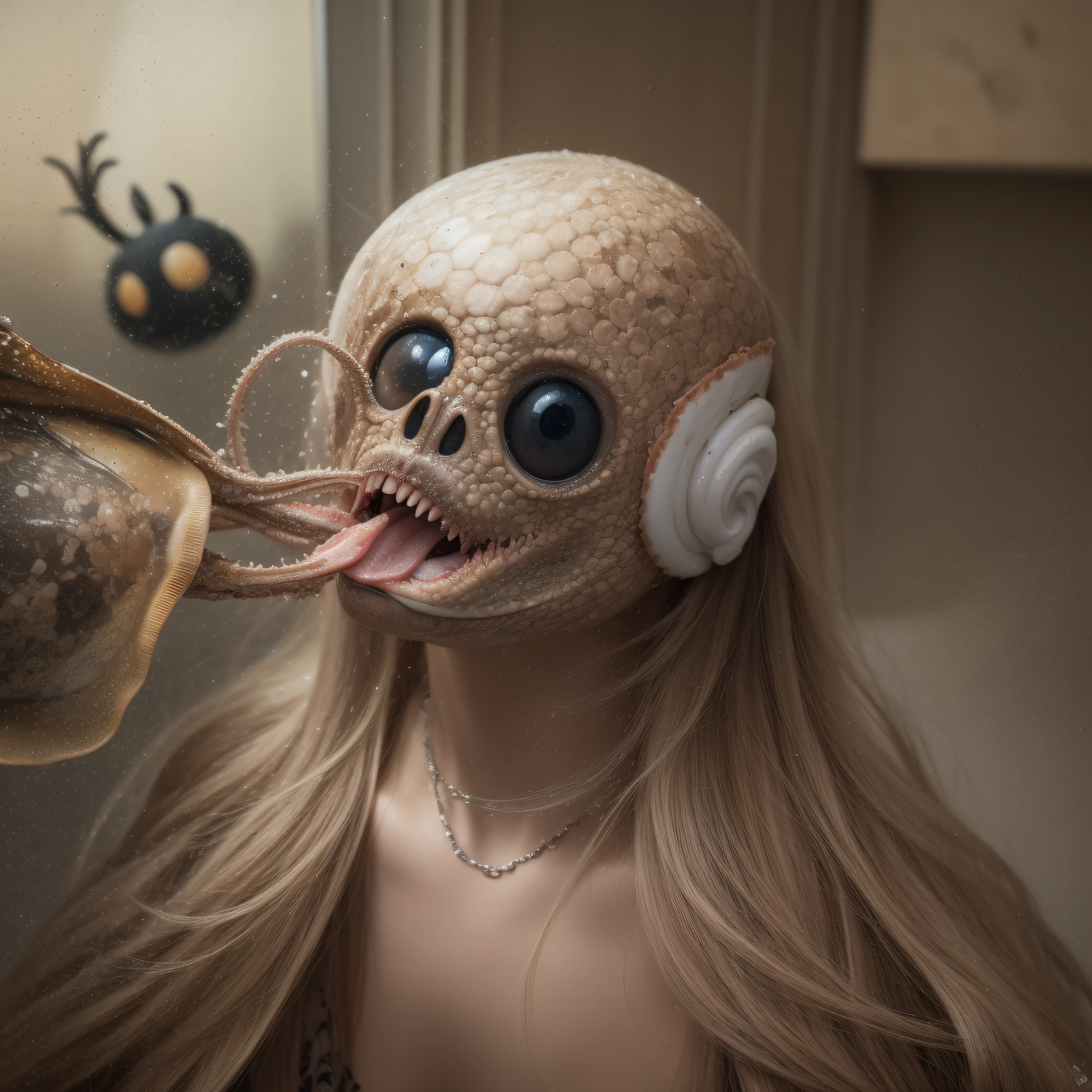 (extremadamente detallado, obra maestra, La mejor calidad), Estilo oscuro, intense illumination, rostro con arrugas, lengua larga, tentacle, deforme, monstruoso, interior de una piscina de agua verdosa, imagen submarina, alien con Colmillos finos, pico de pulpo amenazante. manchas de tinta. Rococo composition. Luz de caravaggio