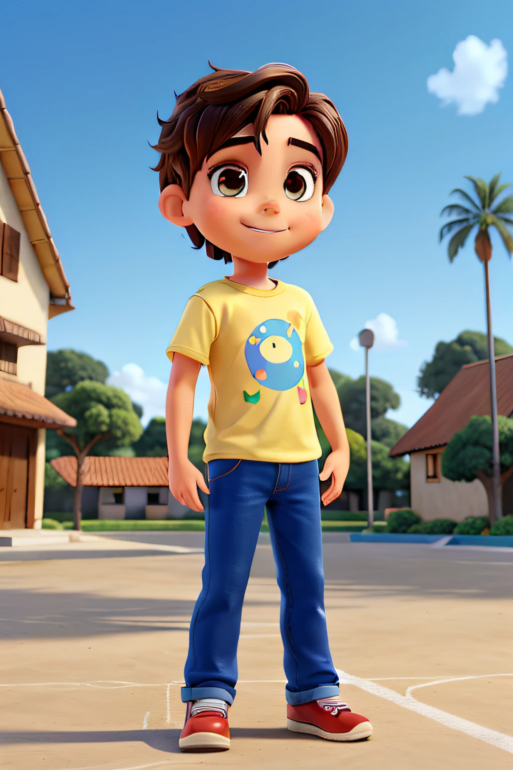 arte digital estilo anime realista de um menino 4 anos, corpo inteiro, sorrindo, olhos castanho brilhante, cabelo curto castanho, Denim Jeans Pants, white tshirt, olhando para a camera, moreno, Brazilian child, cilios grandes, facing the full body camera,  tenis branco, ((obra-prima, mais alta qualidade)), No scenario, 16k ultra HD vivid colors masterpiece ultra cinematic resolution (Pixar 1.23 estilo)