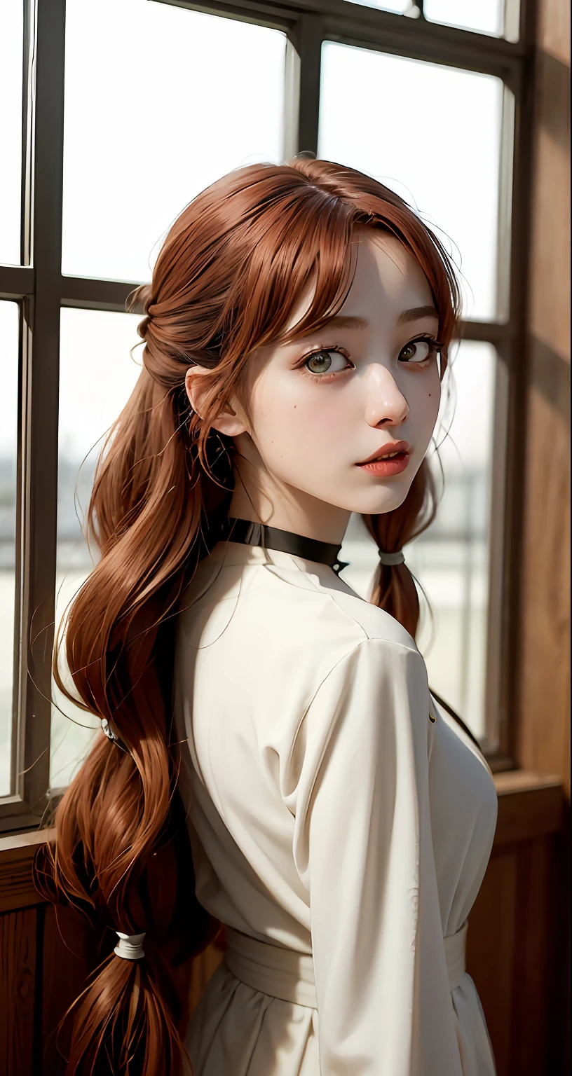8k, RAW Photography, portlate, Looking back、top-quality, 超A high resolution、耳Nipple Ring、鎖骨、onepiece、Braids、window、Photorealsitic, 女の子1人, full bodyesbian, redhair, Green eyes、a choker, a smile, eye lashes, 电影灯光, depth of fields, lensflare