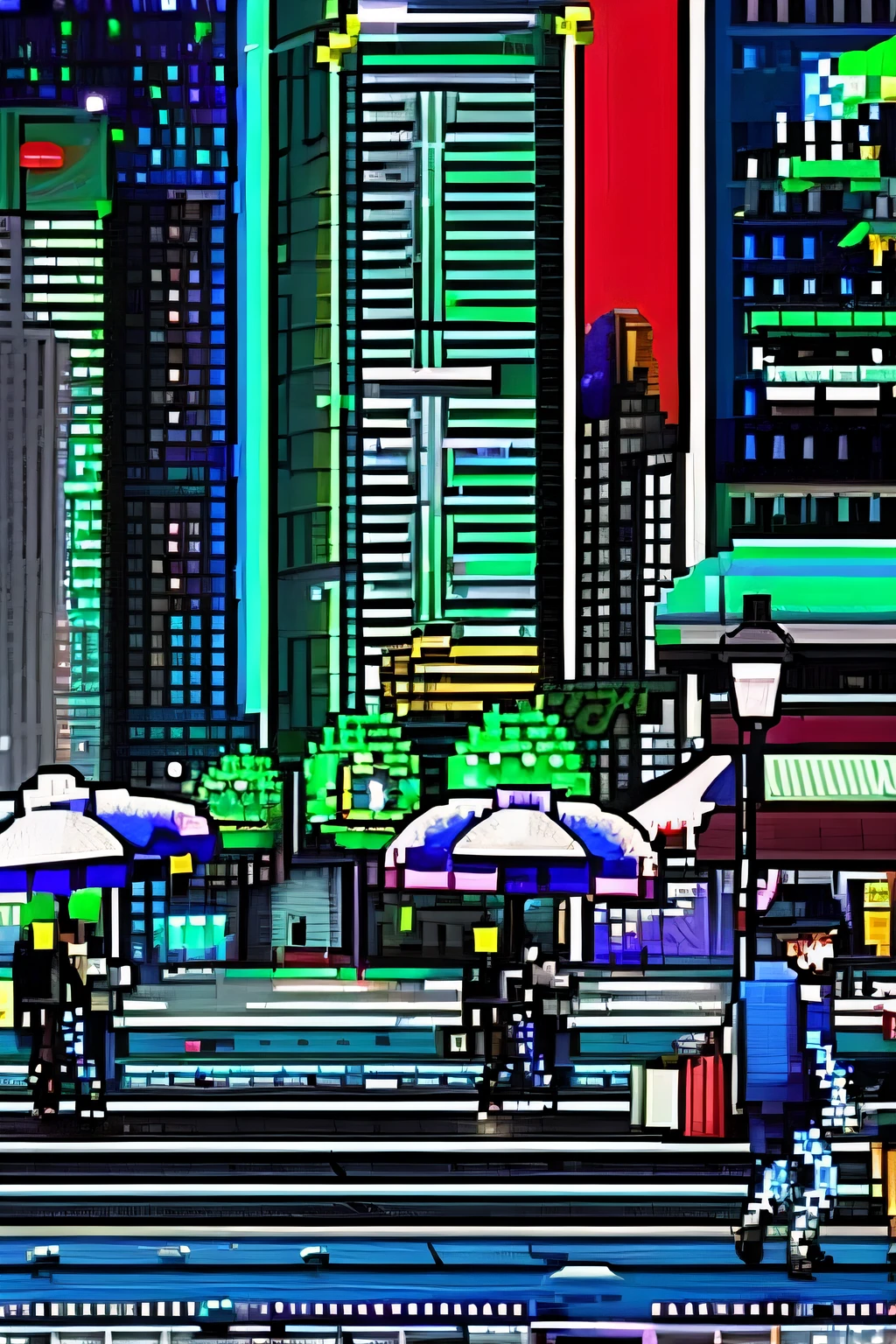 The bustling streets of Tokyo at night, rain pouring down in shimmering pixelated droplets, a vivid cityscape with neon lights adorning the buildings, the crowd walking along the sidewalks, each person holding an 8-pixel umbrella, creating a charming retro atmosphere, Illustration, pixel art, --ar 16:9 --v 5