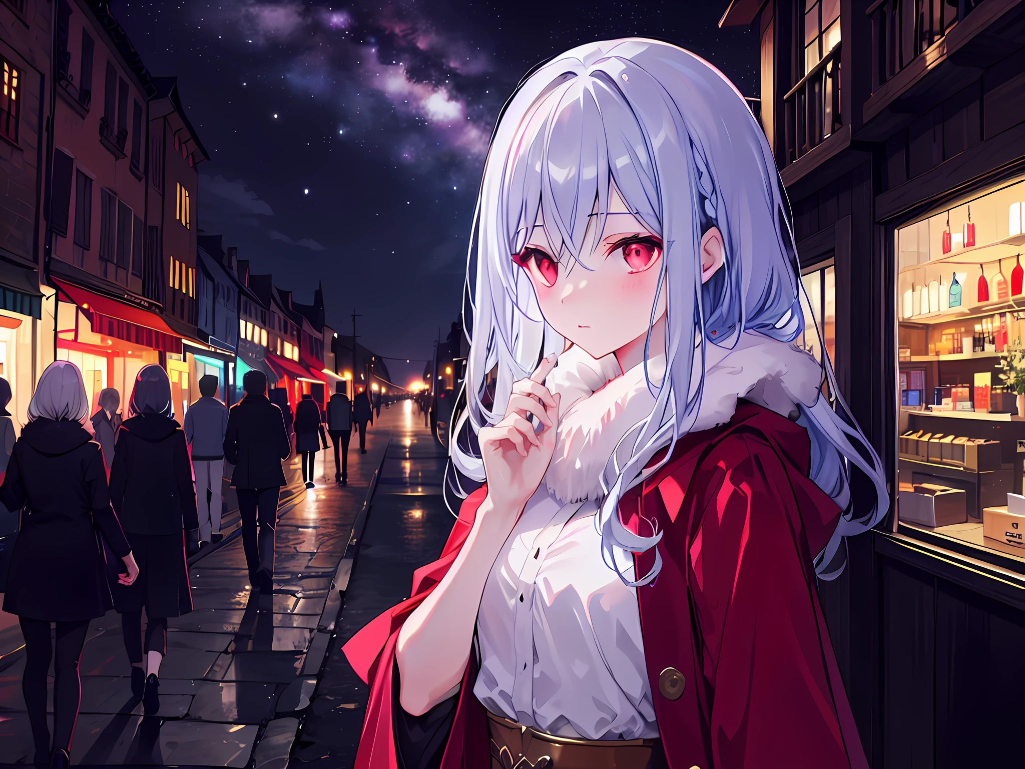 "4k night medieval city, dark atmosphere, there's a girl, with lavender colour hair, glow red eyes, wears black snow and she look shy and blushes"