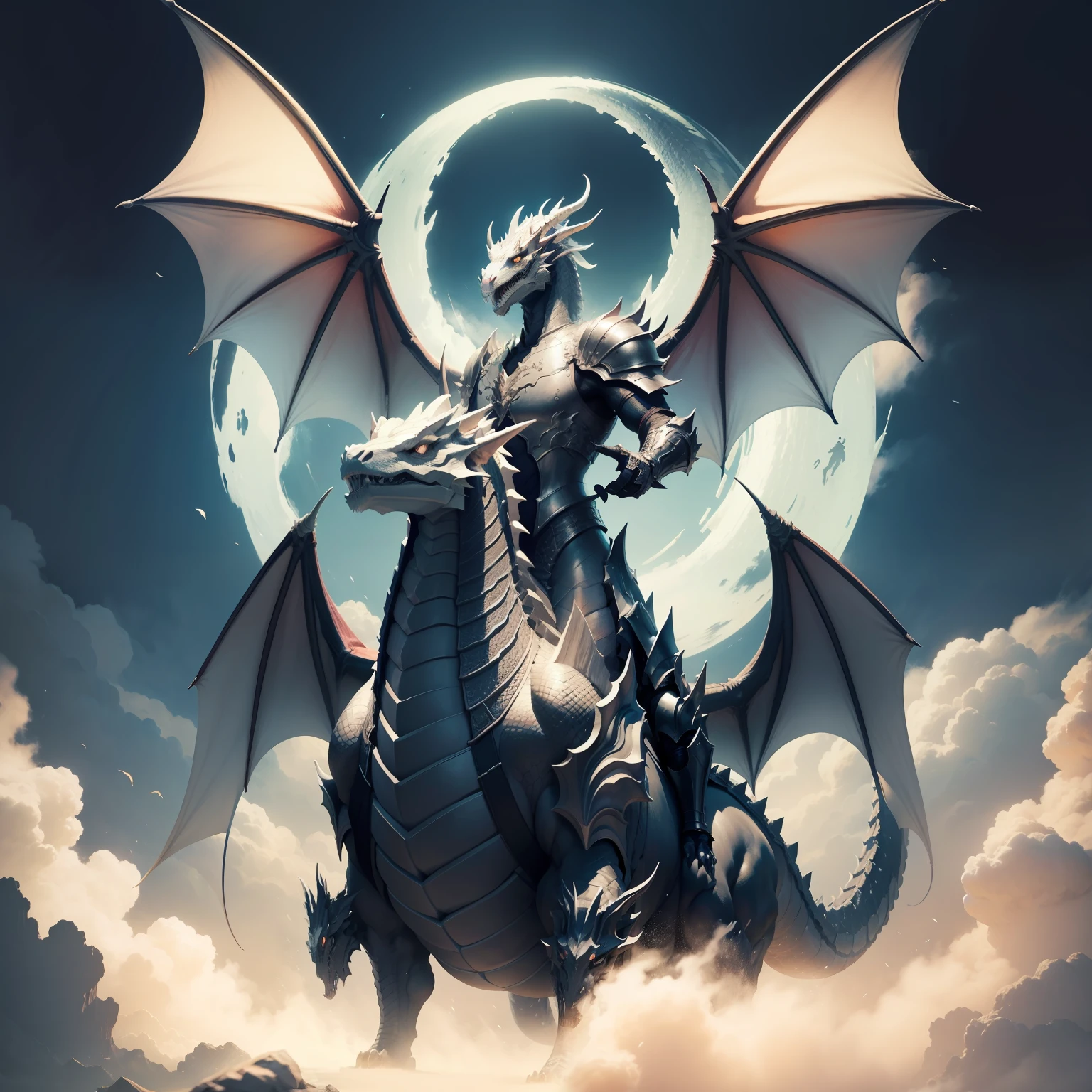 Ancient Dragon, Dragon with two heads, Dragon with white scales, Dragon Rider, Horseman, man in armor.