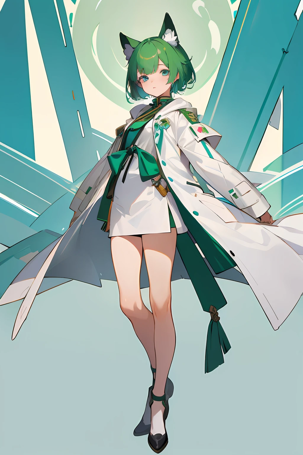 (masterpiece:1.2), (best quality:1.2), perfect eyes, perfect face, 1girl, green short hair, blue eyes, dog ears, White coat with green details, full body, calm pose