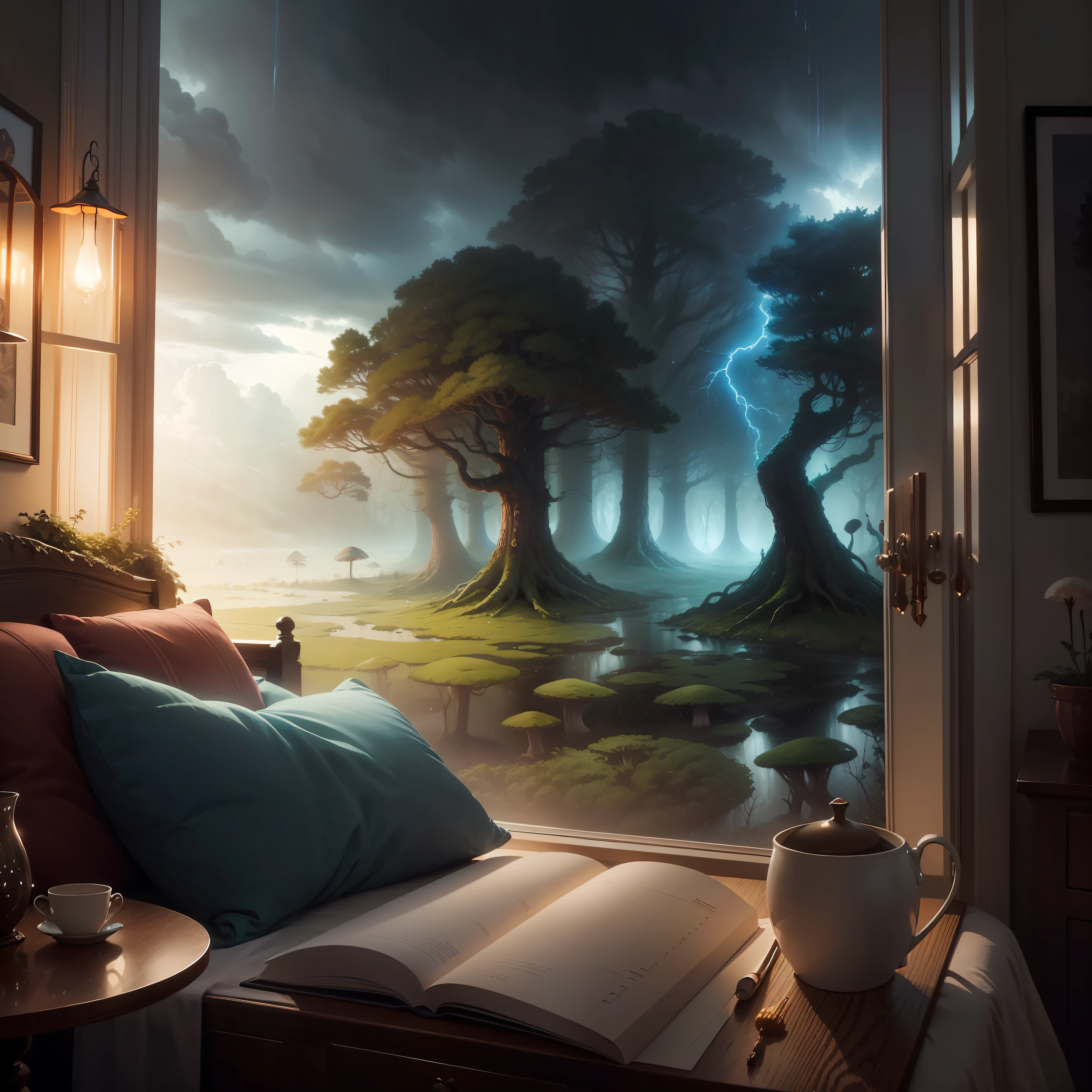 A dreamlike illustration featuring a cozy interior scene, drawn by Adrian Smith, with rain and storm clouds visible outside a window. The scene includes magical forests filled with colorful mushrooms and creatures, and audio waves can be heard in the background. The image is rendered in a warm, colorful style with a focus on contrast and texture