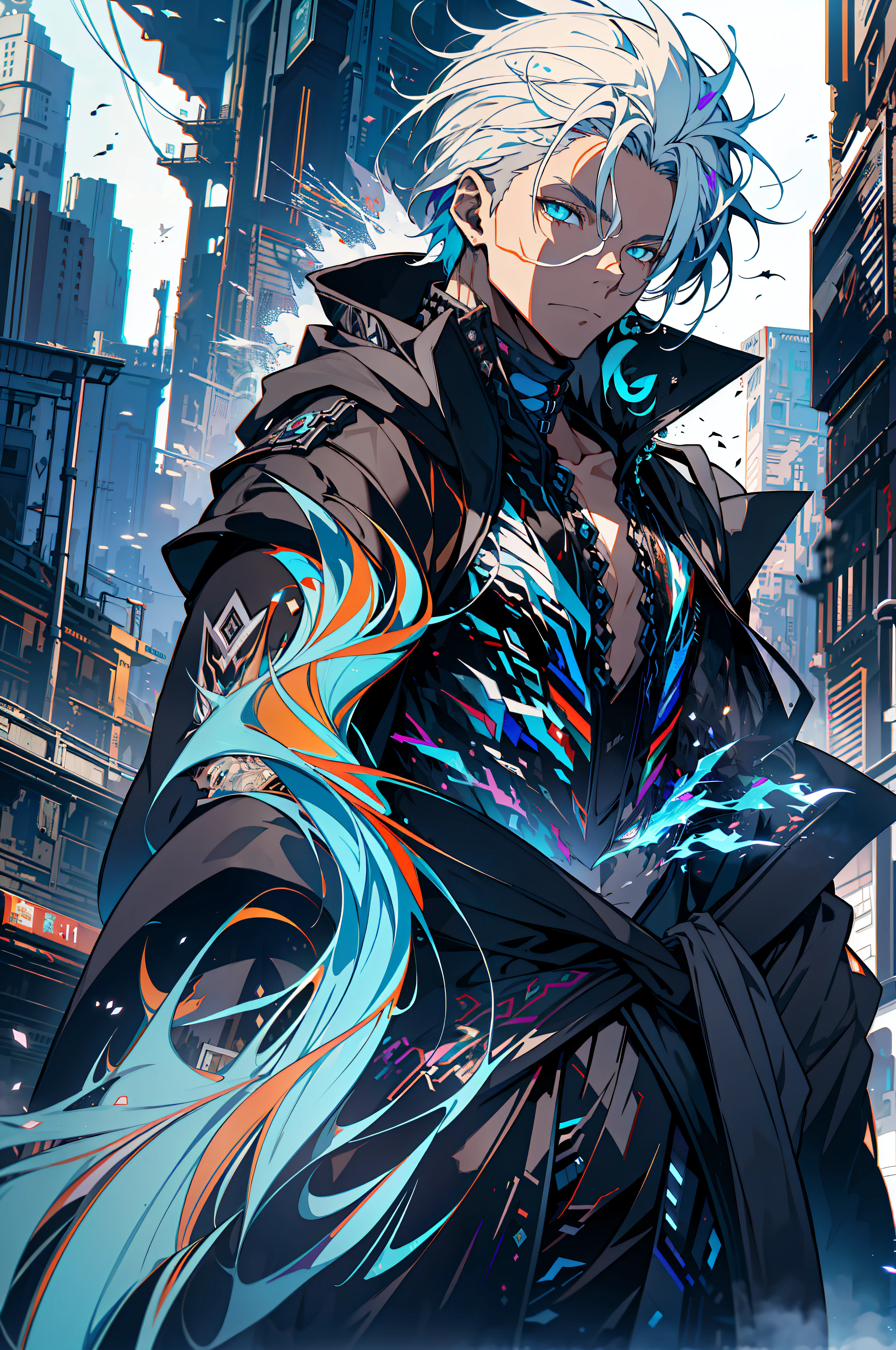 Cyberpunk male, fantasy world, dark background, clean design, epic instagram, artstation, colorful paint splatter, silhouette, hyper detailed intricate details, unreal engine, fantasy, intricate details, splash screen, complementary colors, Fantasy concept art, 8k resolution, deviantart masterpiece, oil painting, heavy strokes, paint dripping, (isolated on white background: 1.3), rainbow skin, (((handsome young man))), ((age:1.5) ), (glowing blue eyes), ((light eyes)), ((((short white hair: 1.1))), ((black clothes)), (prince\\(indifferent expression\\),, ( ((Wears high detail luxurious black robe))), white hair, frost magic, ((chest) --v 6