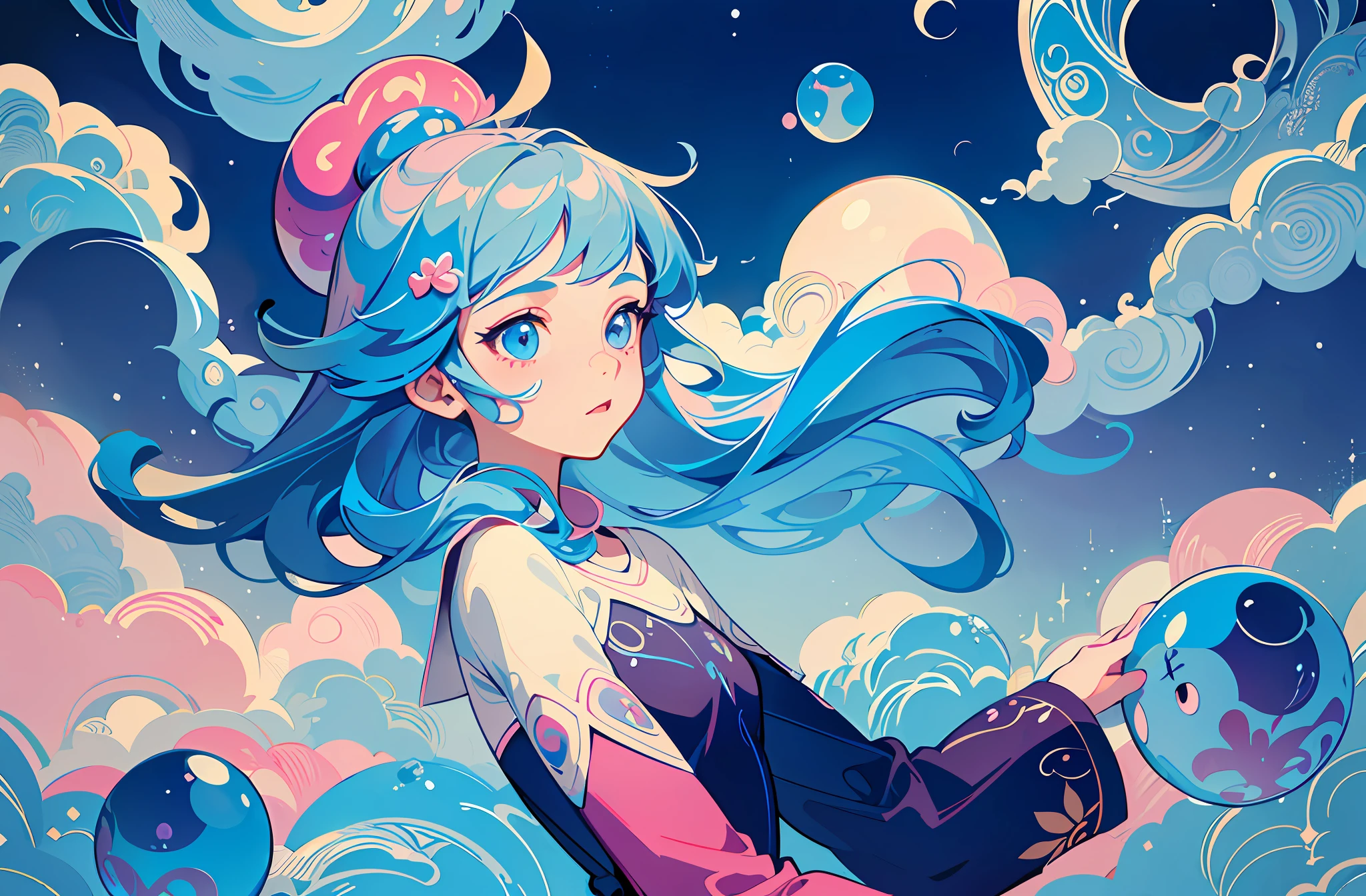 ((Masterpiece)), ((Ultra Detailed)), ((Best Quality)), Beautiful Detailed Eyes, Detailed Face, Best Lighting, Best Shadows, 1 Girl, Solo, ((Classic Disney Style, Edge Lighting, Flat 2D Style, Disney 2D)), ((The main colors are pink and blue)), Huge Bubbles, (Girl Inside Bubbles:1.5), Bubble Island, Bubble Land, World Made of Bubbles, Freckles, Cold Nose, (((Bubbles)), Marbles, European and American cartoon inspiration, (highly detailed), vortex effect,