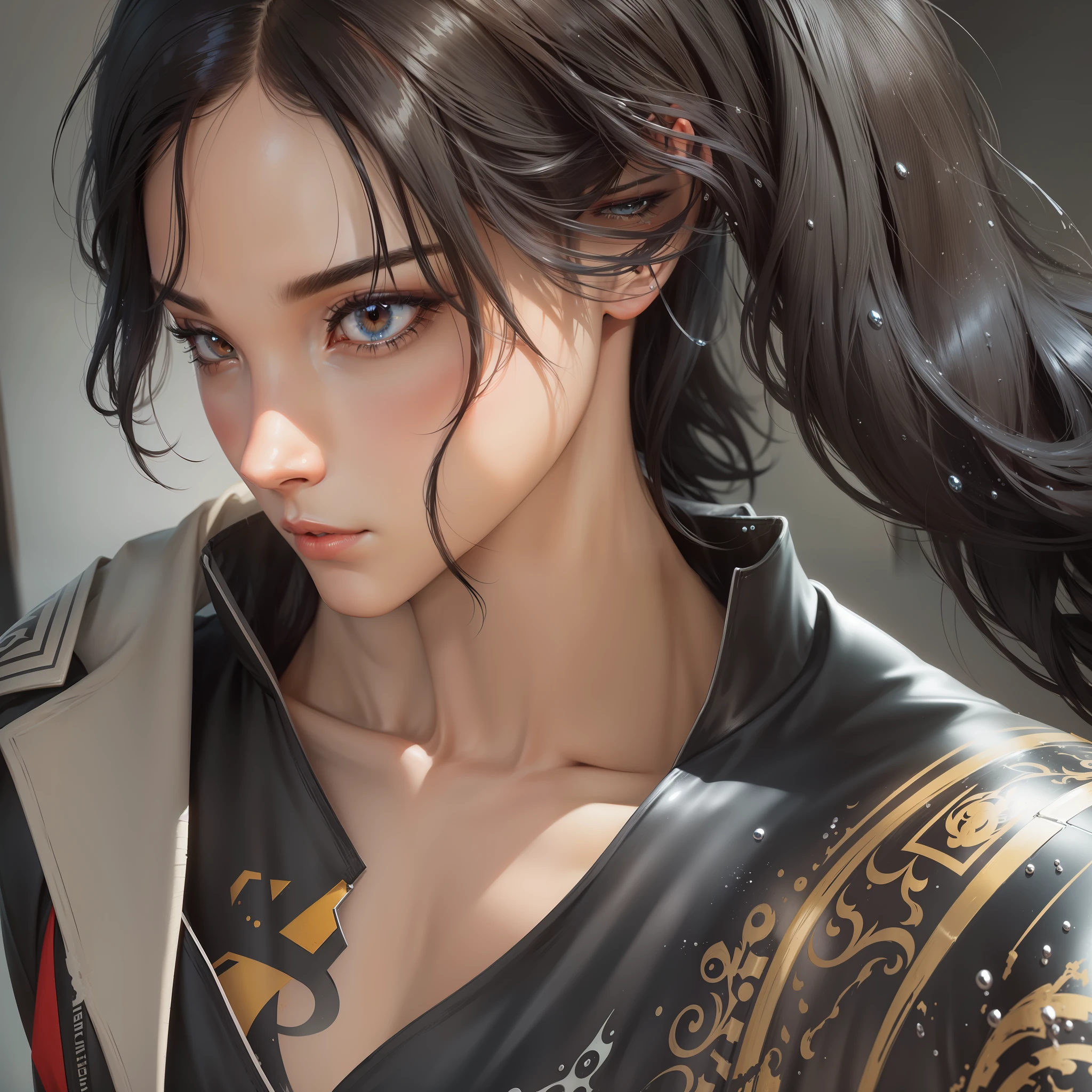 Close-up of a man with black hair,Belle peinture de personnage,Splash ink,Epic and beautiful character art,Stunning character art