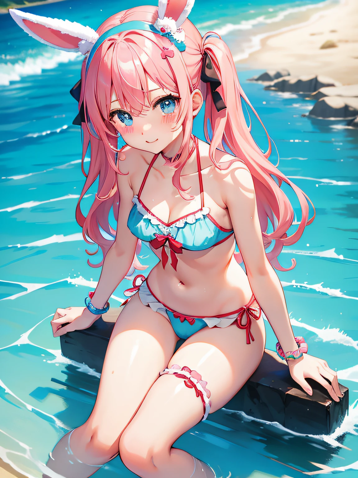 The bikini、Mid summer、Teenage girl、red blush、Blue eyes、Twin-tailed、fullllbody、kawaii、Rabbit headband、Pink hair、swim ring、