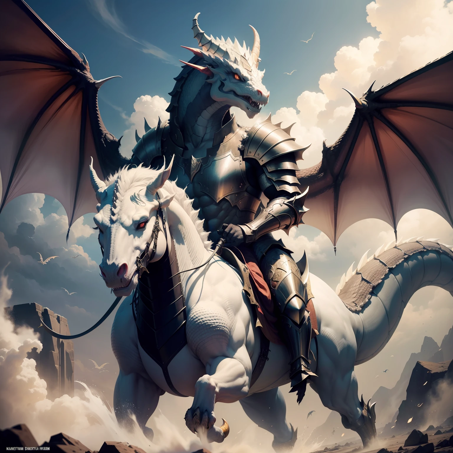 Ancient Dragon, Dragon with two heads, Dragon with white scales, Dragon Rider, Horseman, man in armor.