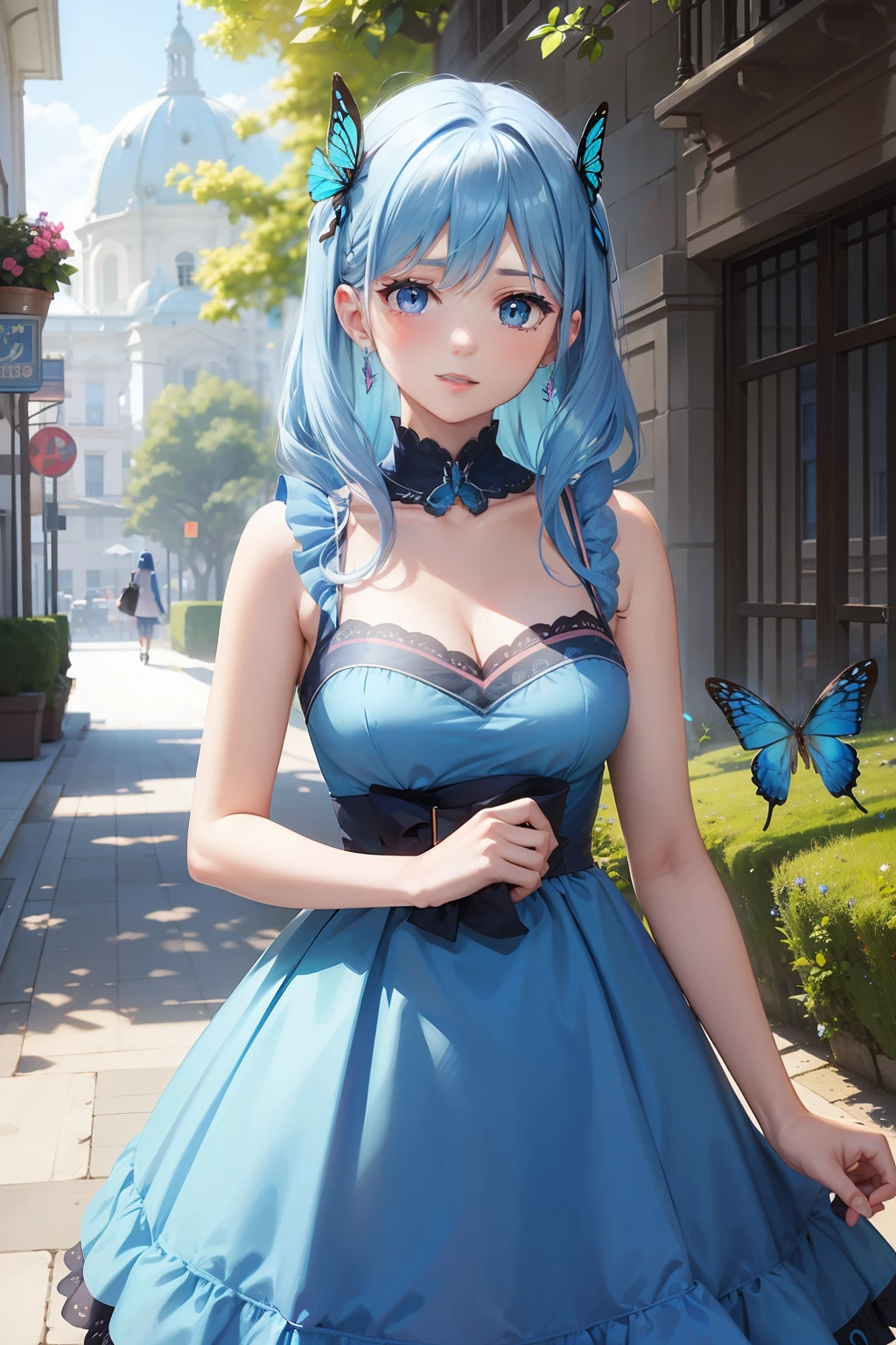 a women, blue butterfly, blue hair, pink eyes, blue dress