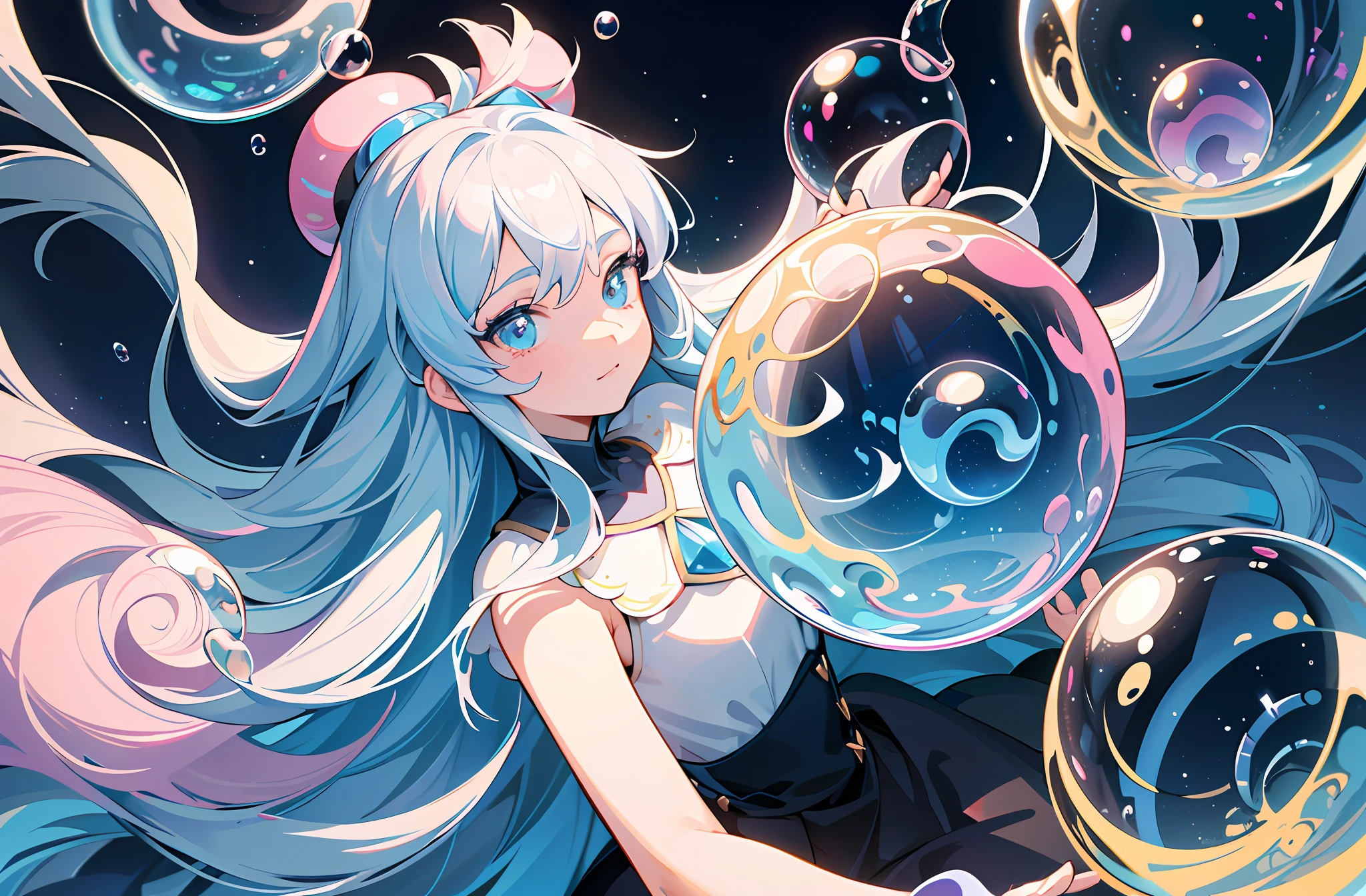 ((Masterpiece)), ((Ultra Detailed)), ((Best Quality)), Beautiful Detailed Eyes, Detailed Face, Best Lighting, Best Shadows, 1 Girl, Solo, ((Classic Disney Style, Edge Lighting, Flat 2D Style, Disney 2D)), ((The main colors are pink and blue)), Huge Bubbles, (Girl Inside Bubbles:1.5), Bubble Island, Bubble Land, World Made of Bubbles, Freckles, Cold Nose, (((Bubbles)), Marbles, European and American cartoon inspiration, (highly detailed), vortex effect,