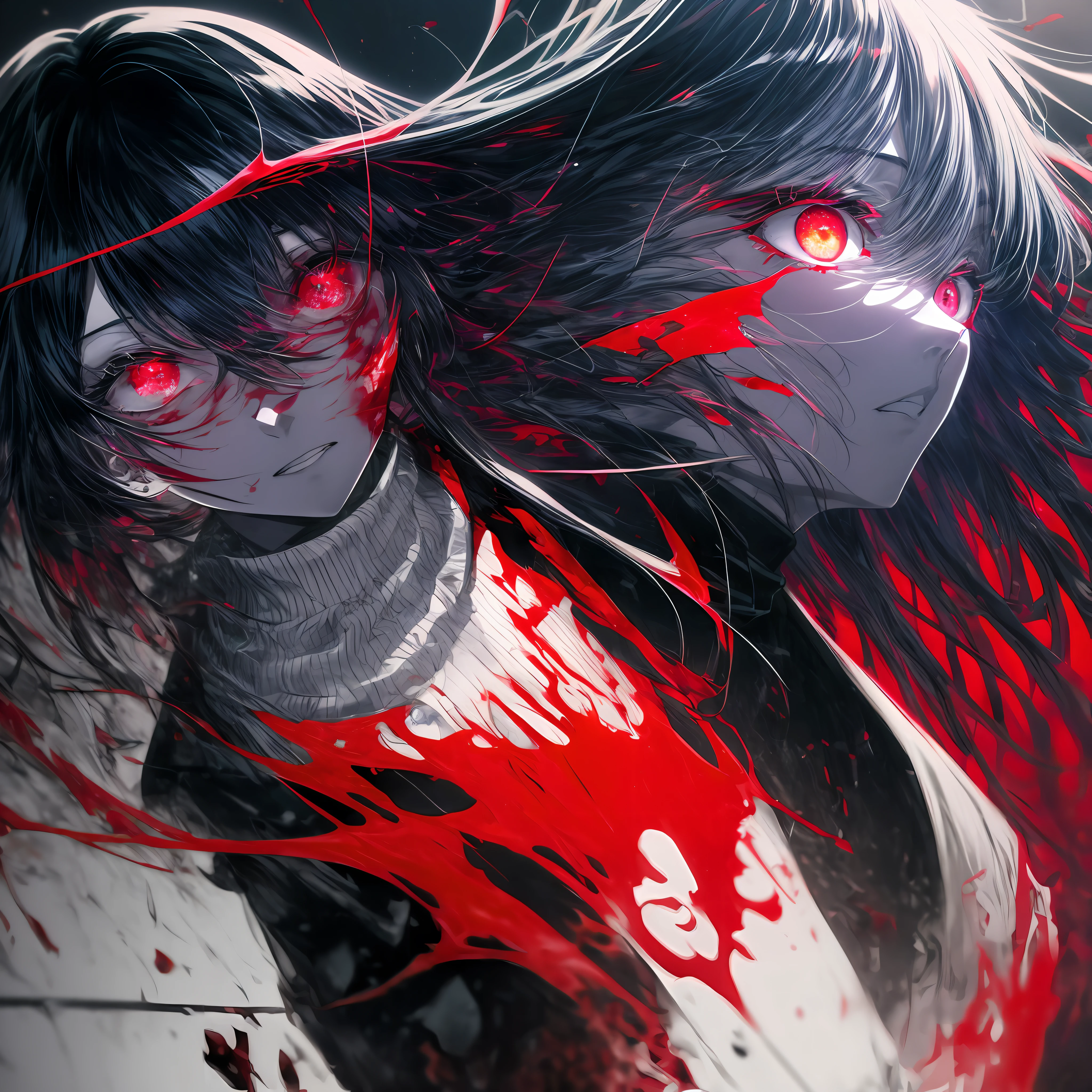 a closeup of a, big eyes, eyes, compound eyes, Unique students, Unusual pupils,Kaneki, Monochrome, Radioactive light, anime2018::1, Red::1, Neon color::1,, Part 1.5, detaled face, ultra quality, Ultra Graphics, Flowering 1.0, l vampire, depression, ultra realistis, Anime IRL,Anime boy, Dark Style, HDR, RTX, The body crumbles , Detailed Face,soft-lighting, makoto sinkai,Digital Painting,looking up at the camera", 8K, extra limbs,big dreamy eyes,blurry, Smooth soft skin, Cloned face, Symmetrical,neon liquid, leaks from the eyes,anime art,photo, Face cracking , ...key: Red, blood from the eyes, Realistic, Realistic light, Realistic anime, realistic shadows, Liquid, dripping from a tree,depressive, Clouds, Sakura, spider lily , A detailed eye, eyes focus, Lashes, fluffy lower eyelashes:1.5, pale face, Very red eyes, gloomy atmosphere, Scary picture, woods, mist, Neon Red Liquid, flowing down from the trees, Dark atmosphere, The body crumbles, braids, Sateen, blood on the ground, fire, eye closeup,The Better Generation, Ultra Generation, Generation 3000, 2048×2048..., Face detailing, Detailing clothes, Symmetrical balance, Tokyo Ghoul, l vampire, Kaneki, Anime 2020, Water and sky, black hair,Detailed hair, Tokyo Ghoul, Kaneki, l vampire, Depressive art, depression, ennui, Sadness, cry, pain, Black smoke, Black Energy, Tentacles, Kagune, bloods, blood on the face, A sea of blood, fetters, barbed wire, fire, Wide-angle camera, lots of fine detail, spider lily, Sakura, Sweet, Scalopendra, Black background, Hole in the case, Dead Inside, Dead Art, lying on the grass, Manga style, comic style, Multiple frames, The body is destroyed, Manga page, Eyes are everywhere, Lots of eyes in the background, Drawing of Ishida sui, art of Ishida sui, in the style of Ishida sui, Two people, in full growth, depressive posture, Spider flowers