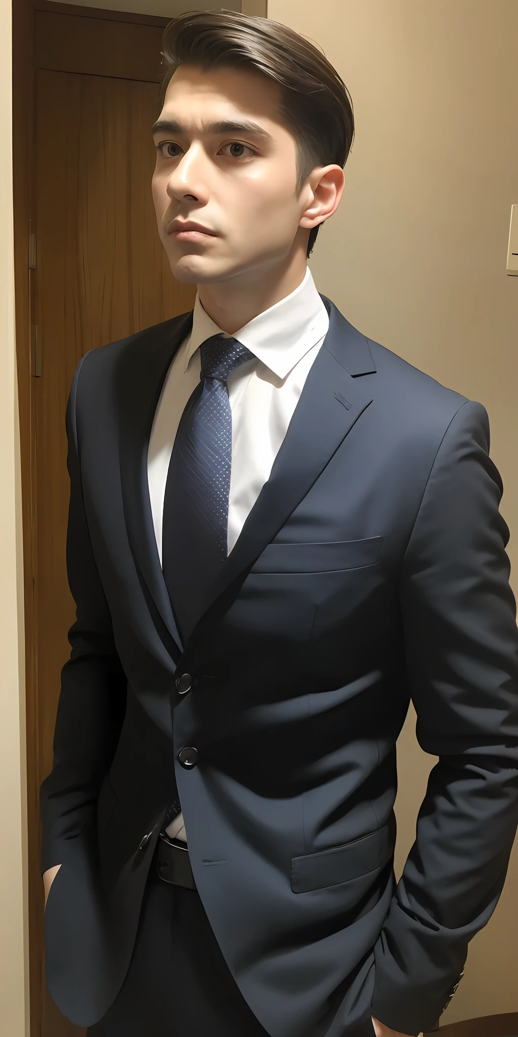 Handsome man，byself，portraitures，Habibnul Magomedov wore a suit and tie，lbeard，Serious and serious，detail-rich，realisticlying，style of photography，The background is blurred out，soft focus effect，Close-up of the middle view:1.4。