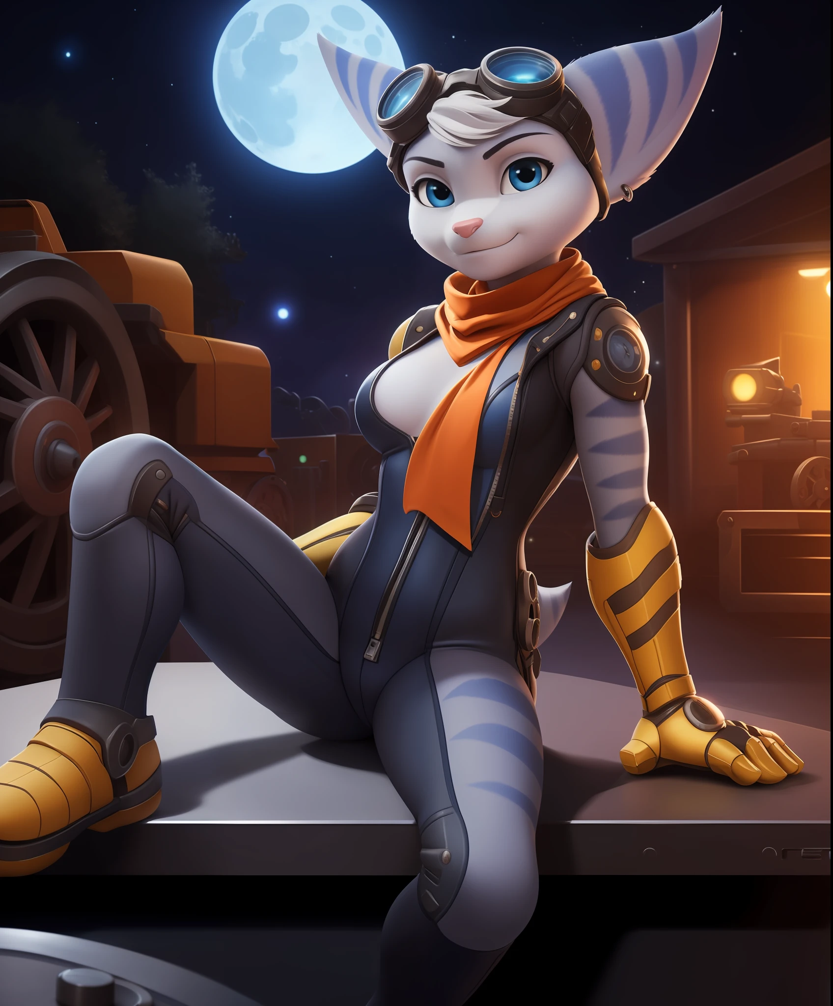 [rivet from Dreamworks ratchet and clank], [Uploaded to e621.net; (mayosplash), (Pixelsketcher)], ((masterpiece)), ((solo portrait)), ((1girl)), ((raw photo)), ((full body)), ((furry; antrhopromorphic)), ((detailed fur)), ((raytracing; reflective surfaces)), ((detailed shading)), ((beautiful render art)), ((cel shading)), ((nighttime lighting)), {anthro lombax; (grey fur, pink nose, pointed ears), round blue eyes, seductive gaze), (grey and blue skintight zip-up suit; grey lining, orange scarf, goggles on head), small boobs, curvaceous thin hips), (yellow prosthetic arm; RIGHT arm)}, ((laying on table; legs spread, hands on chest), attractive pose), [background; ((mechanic shop; gears and machinery), starry night sky, full moon)]