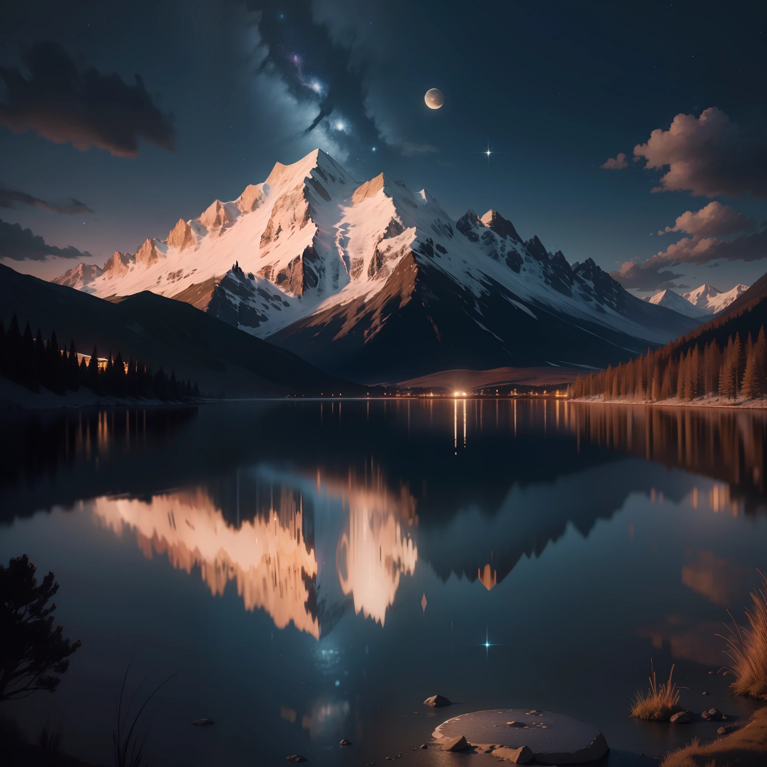 Very starry night. A giant moon behind the mountains. A tranquil lake reflecting the night. Realistic scene, detailed, photorealism, 8k