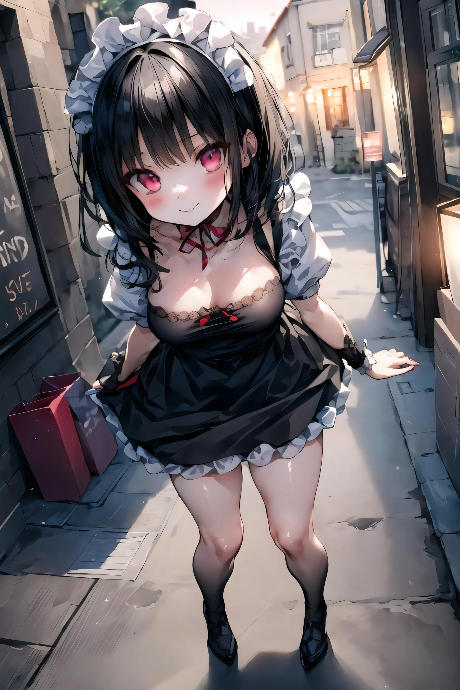 (masterpiece:1.2),best quality,perfect anatomy,best detailed,best background,
character focus,
cute girl,shiny skin,small eyes,large breasts,light smile,
lovely big eyes,cute eyes,(red eyes:1.4),(black hair:1.4),
maid shirt,maid skirt,
city,street,outdoors,
looking at viewer,full body,standing,
BREAK